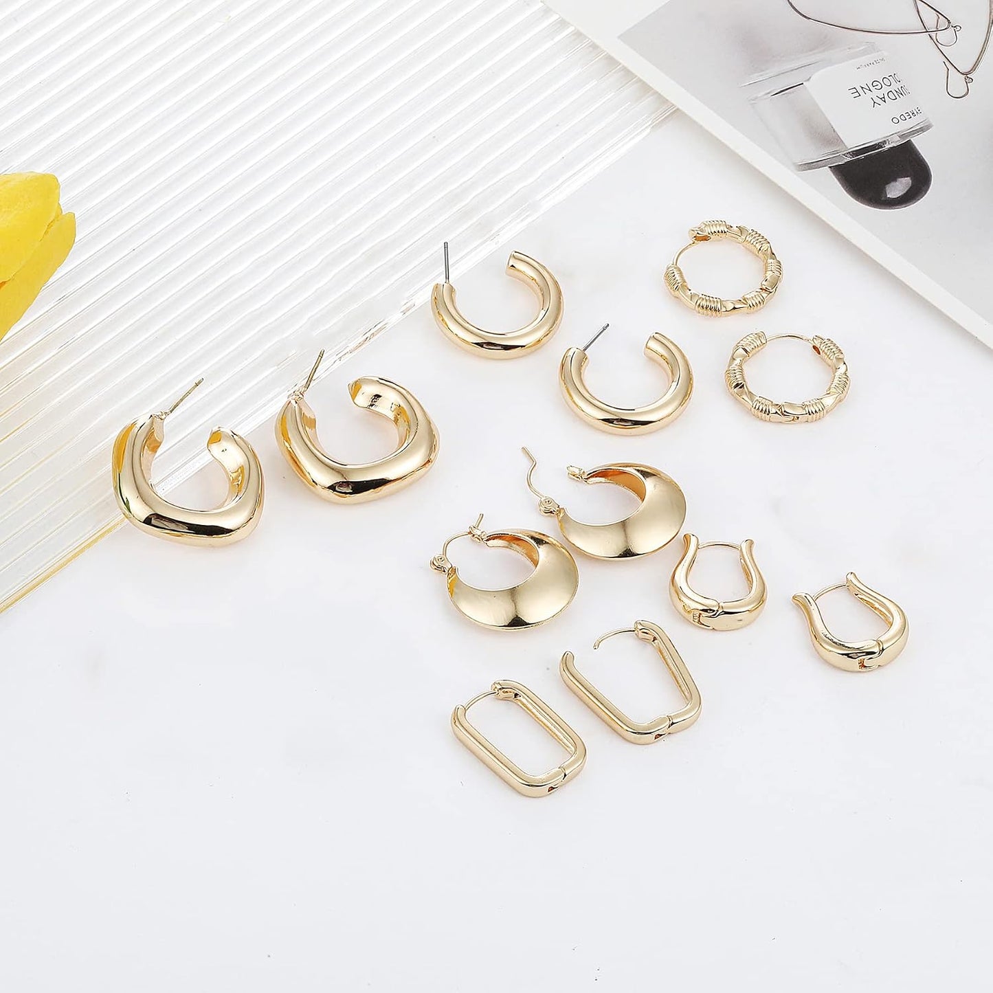 6 pares de aretes de aro chapados en oro de 14 quilates para mujer,...