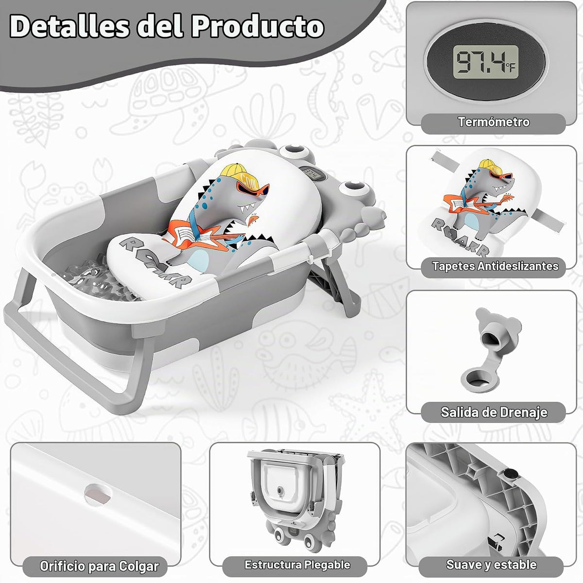 Bañera plegable para bebés recién nacidos con termómetro y cojín fl...
