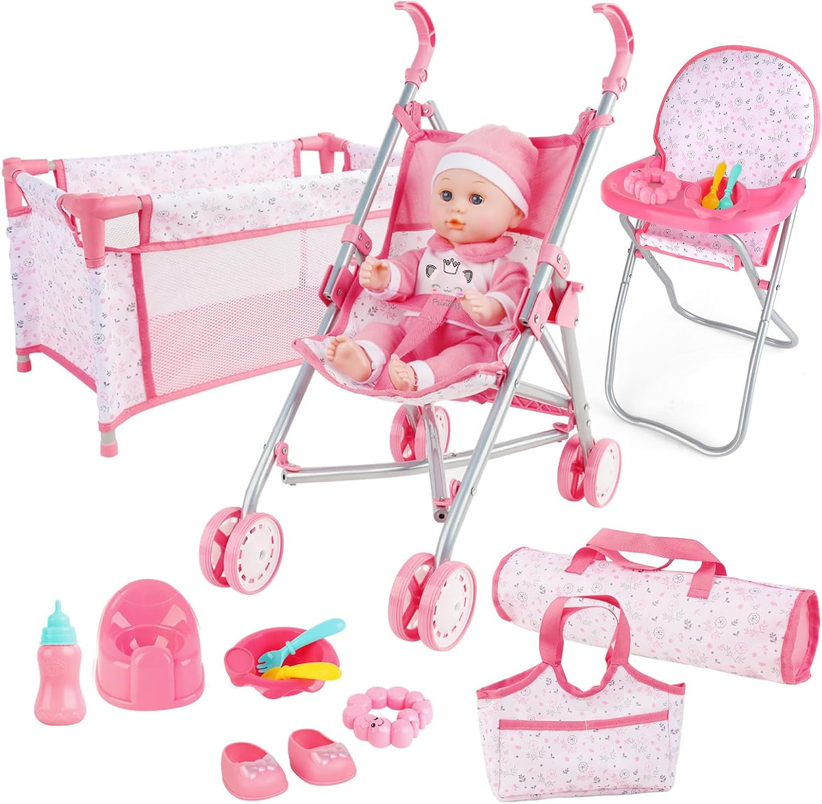 deAO Juego de juguetes para muñecas de bebé, cochecito, cuna, cama,...