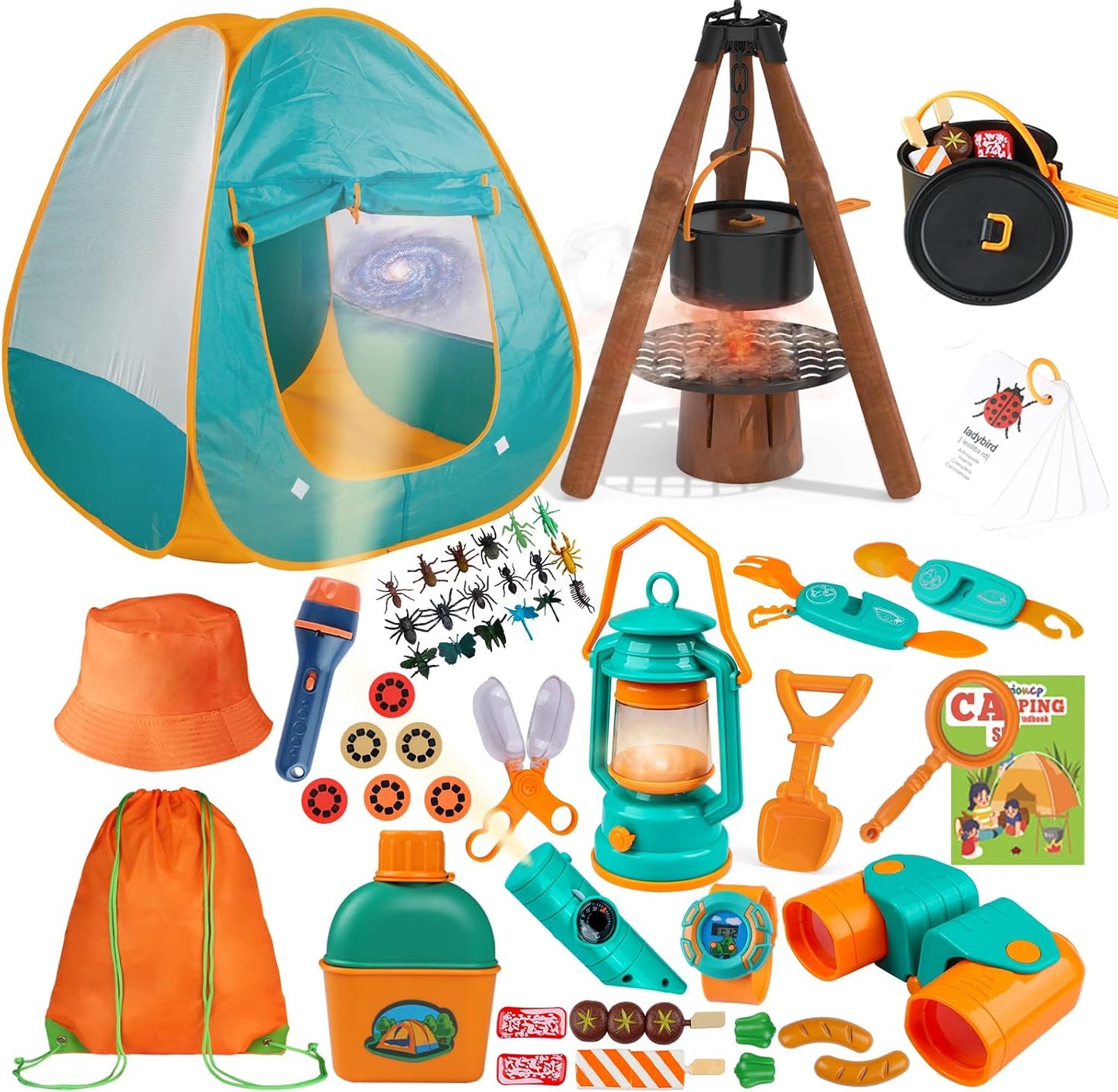 Qtioucp Juego de campamento para niños, 50 piezas con tienda de cam...