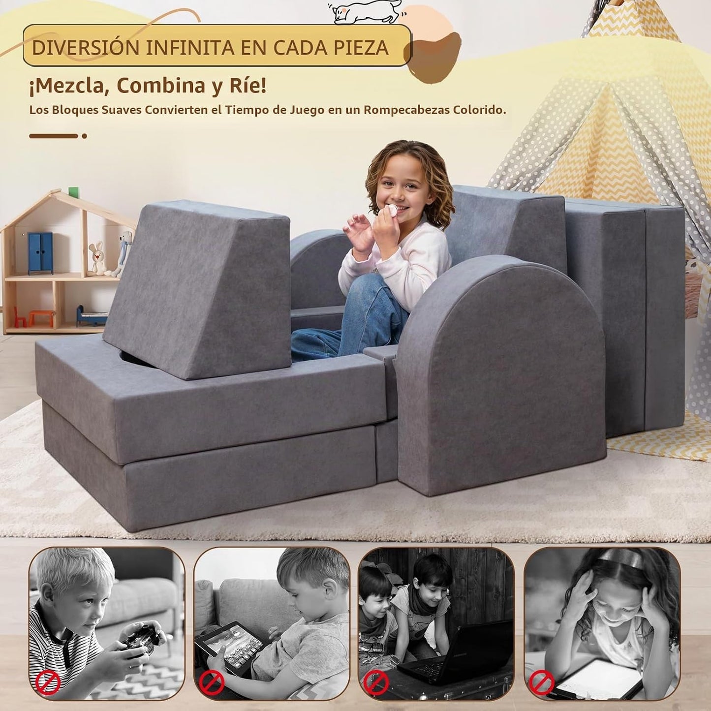 Fvkind Sofá modular de juegos para niños, 10 piezas para niños pequ...