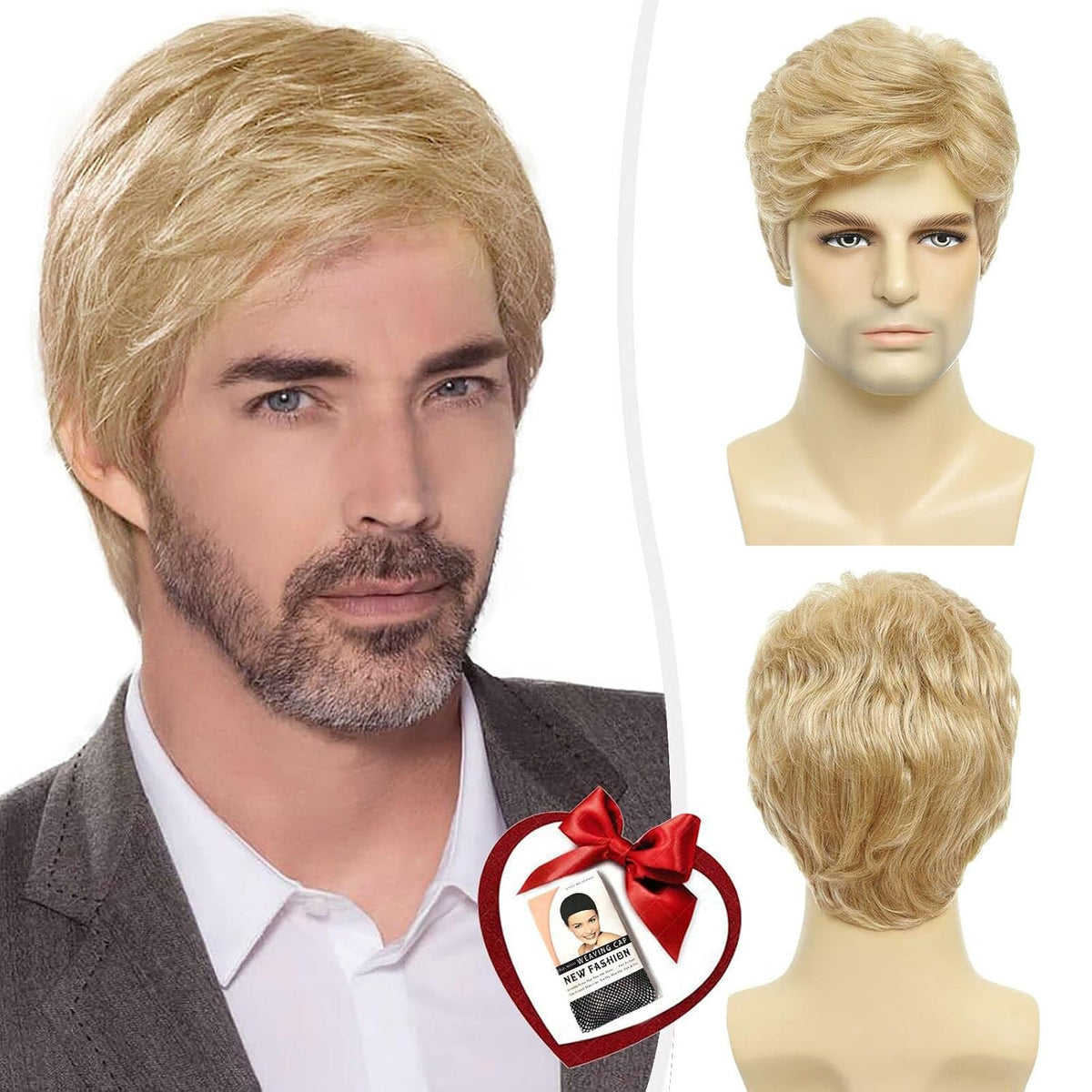 DDHAIR Peluca rubia para hombre, corta, natural, esponjosa, en capa...