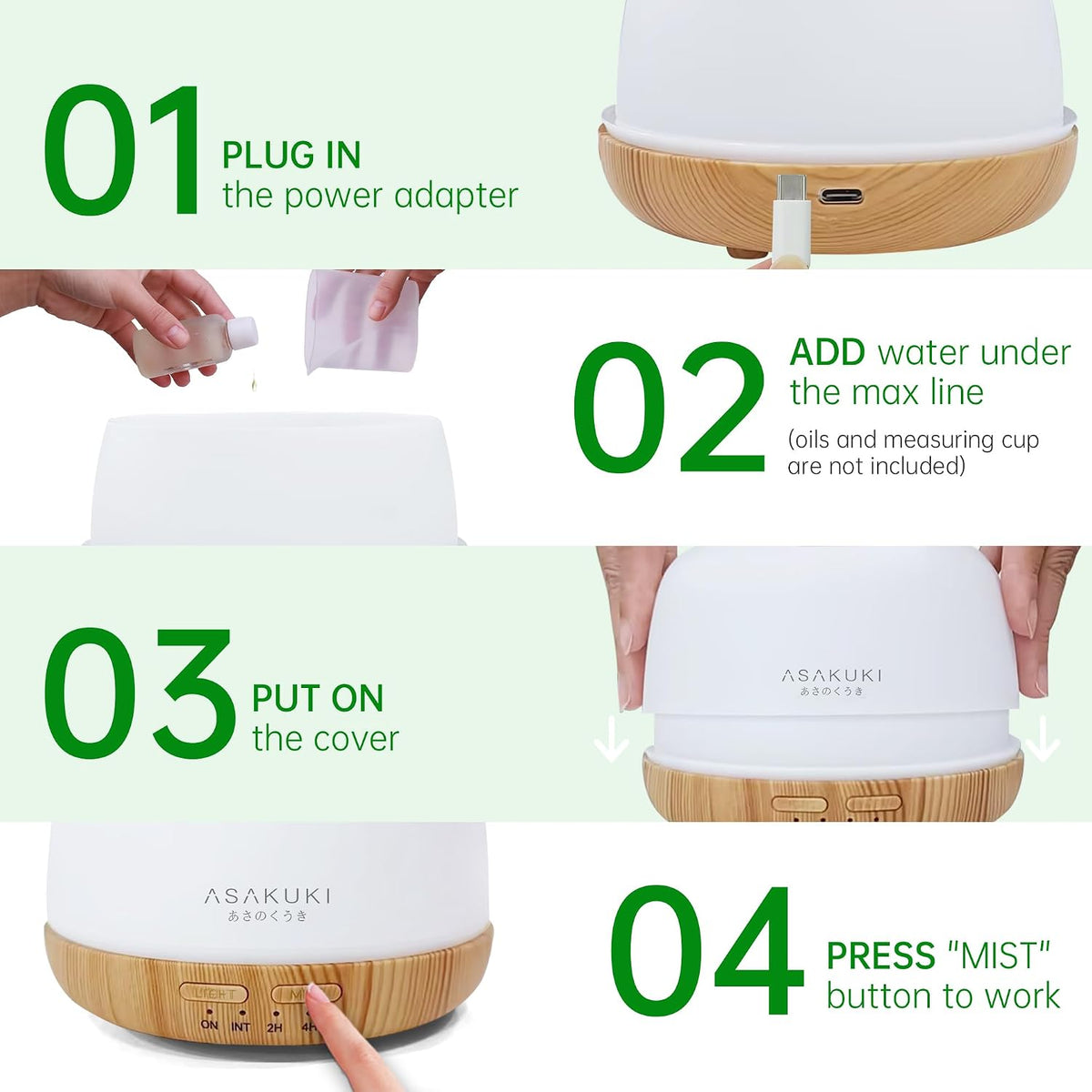 ASAKUKI - Difusor de aceites esenciales, humidificador ultrasónico,...