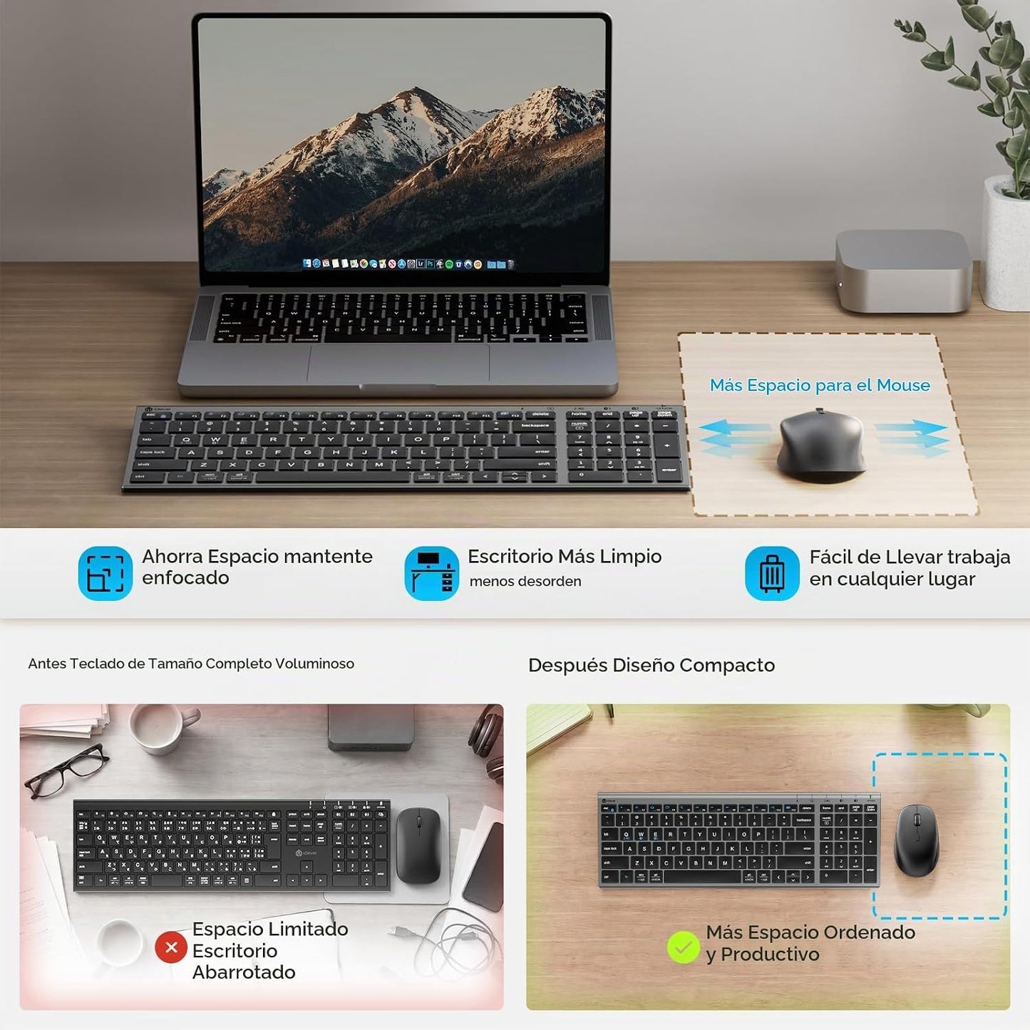 iClever Combo de teclado y mouse inalámbricos Bluetooth DK05, gris...