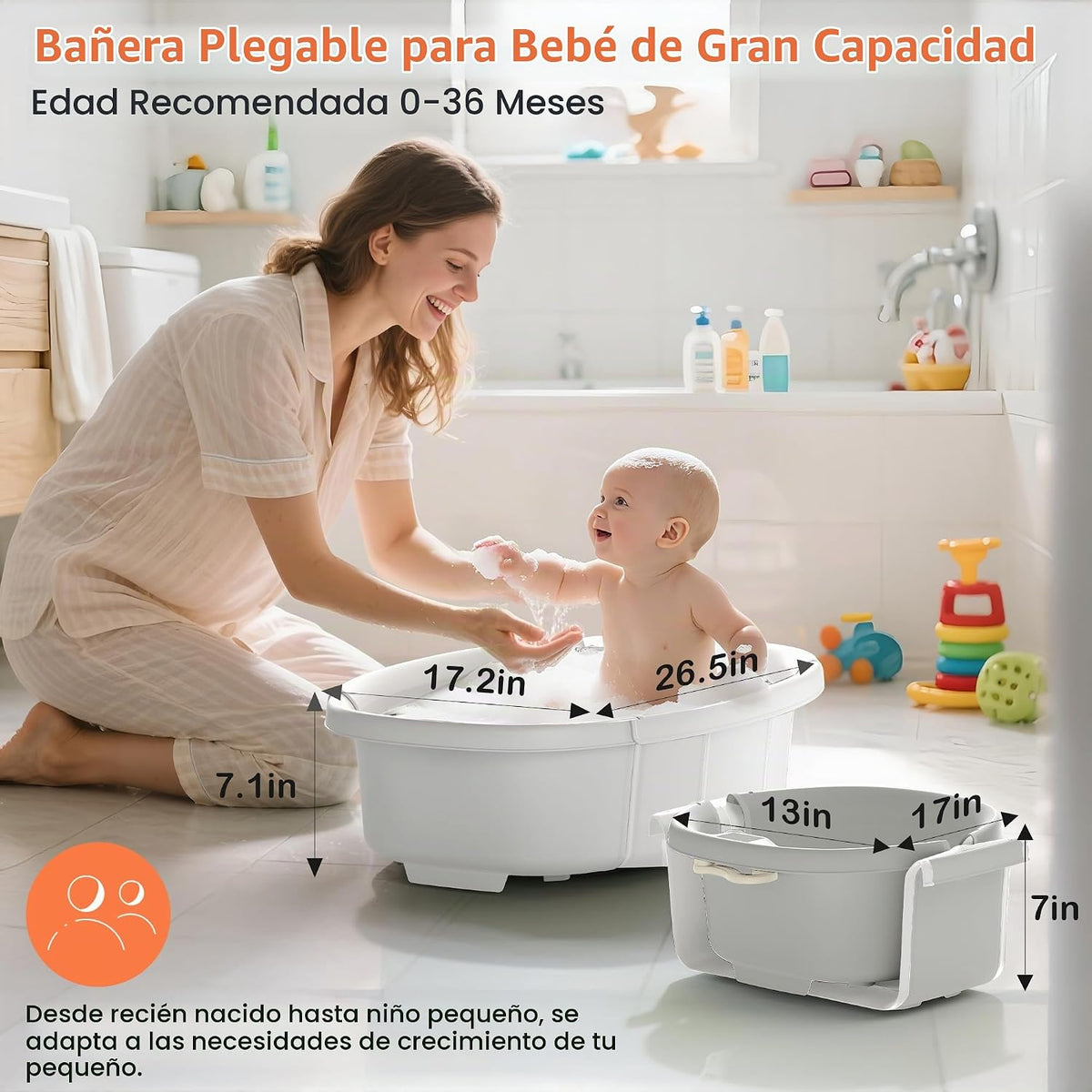 Bañera plegable para bebé, bañera grande para bebé con termómetro y...
