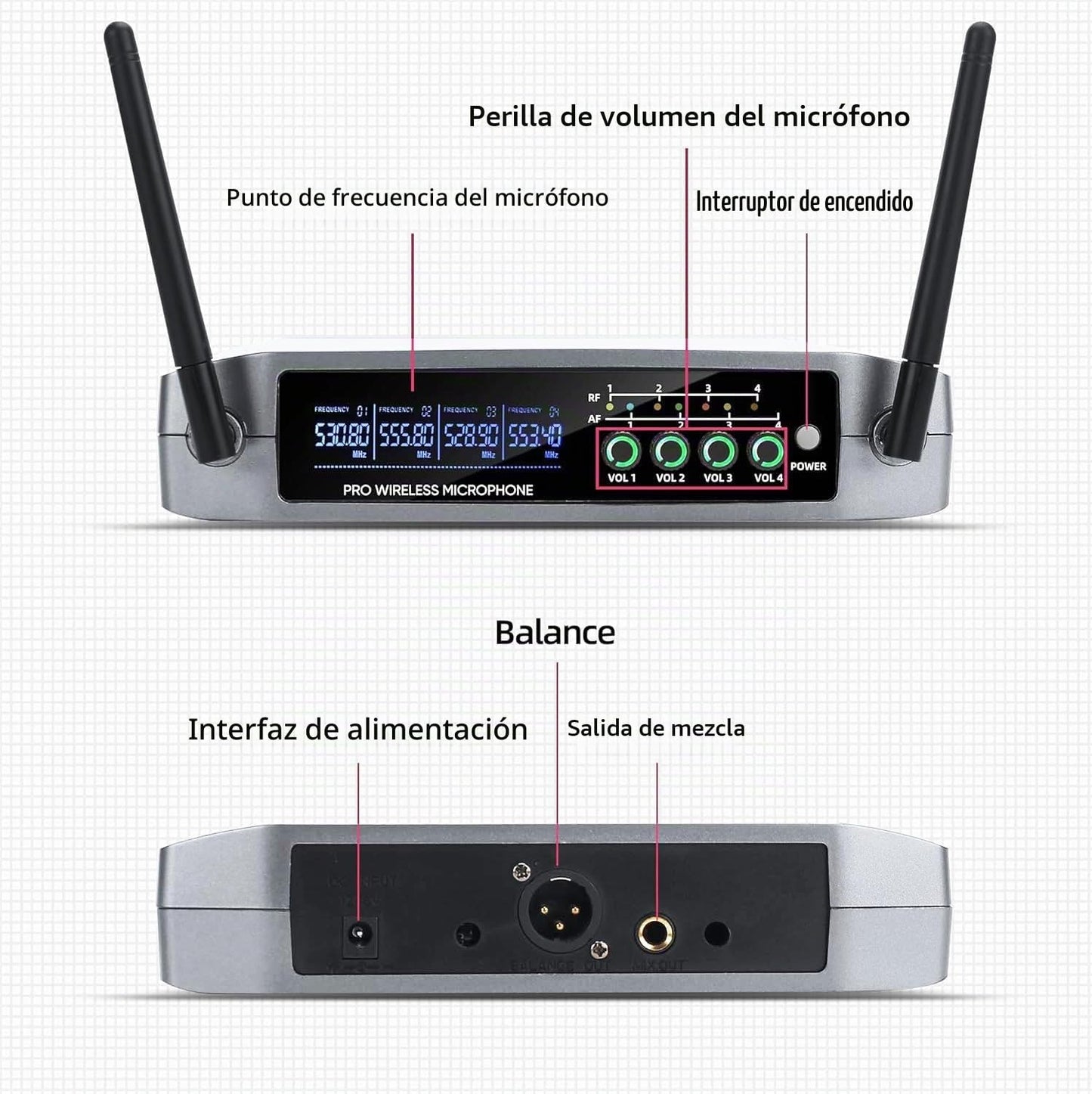 Sistema de micrófono inalámbrico, BOMGE Pro de 4 canales, set de mi...