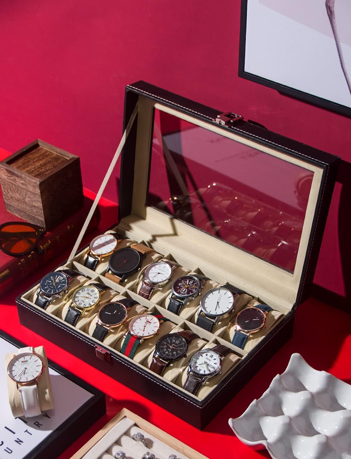 Ausalivan Vitrina de relojes para hombres, caja organizadora de rel...