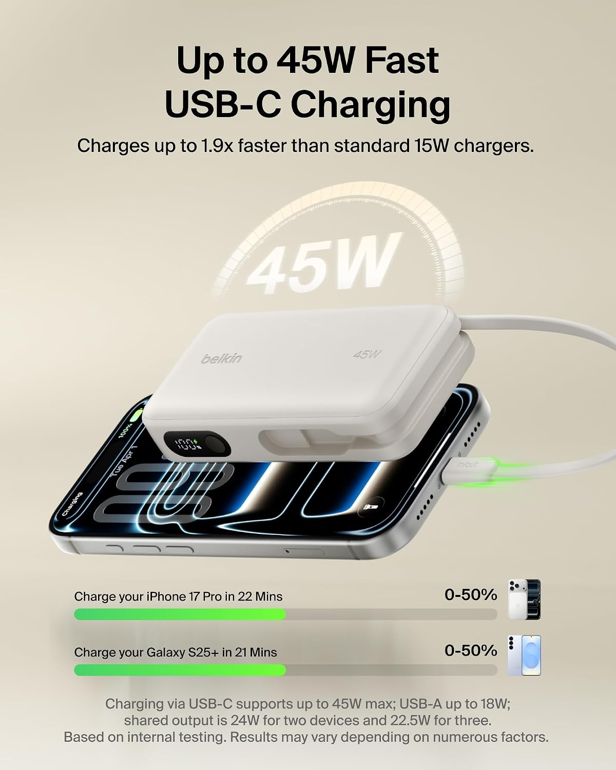 Belkin 10000mAh 45W Cargador portátil Power Bank con cable USB C in...