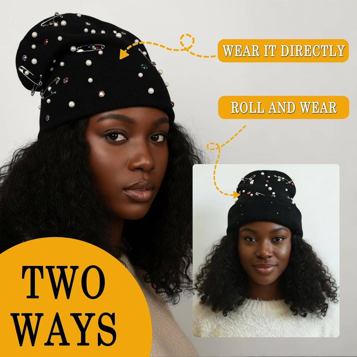 HENWASAI Gorro de punto unisex con diamantes de imitación y perlas,...
