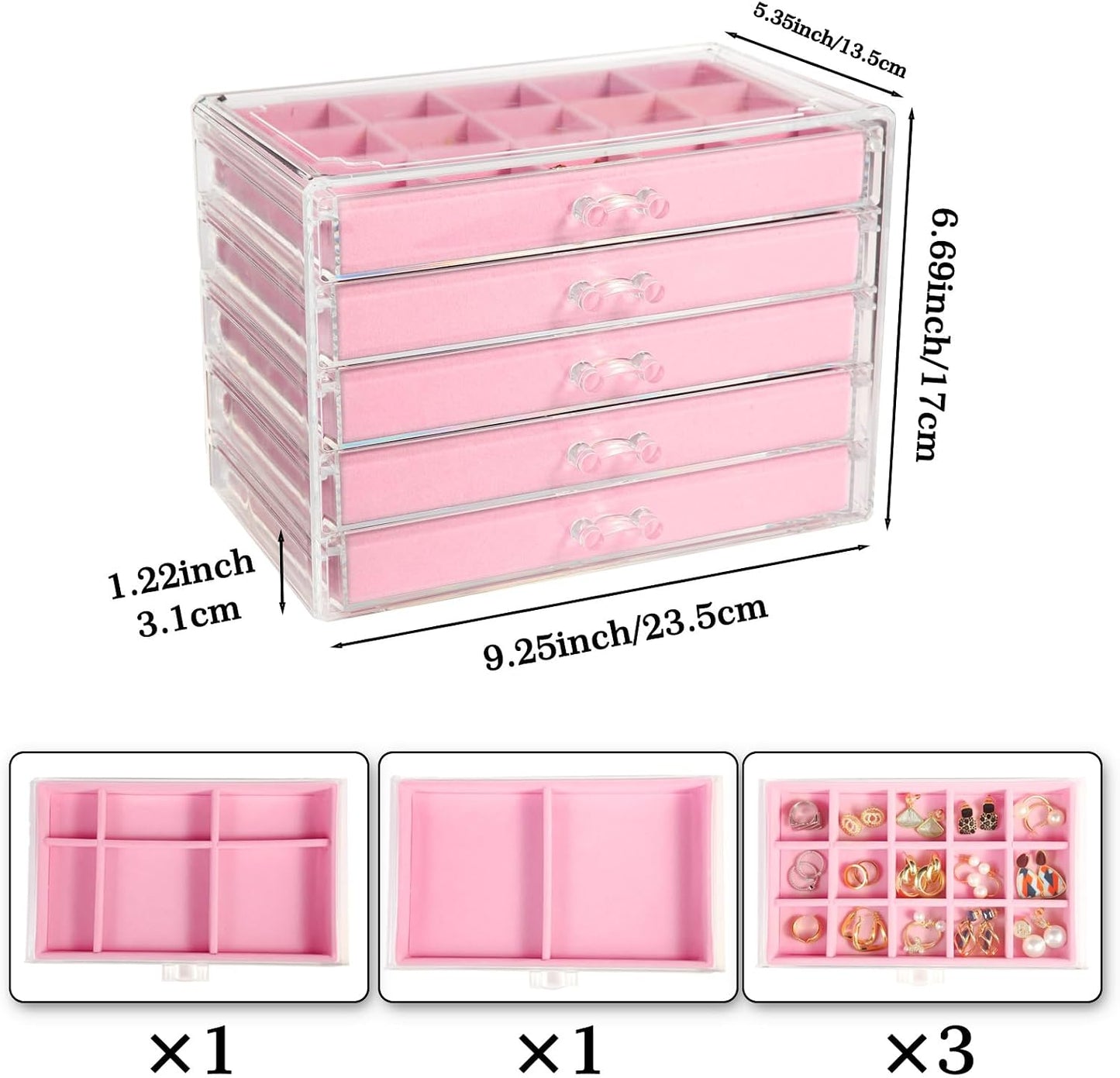Joyero transparente con 5 cajones para mujeres y niñas, soporte de...
