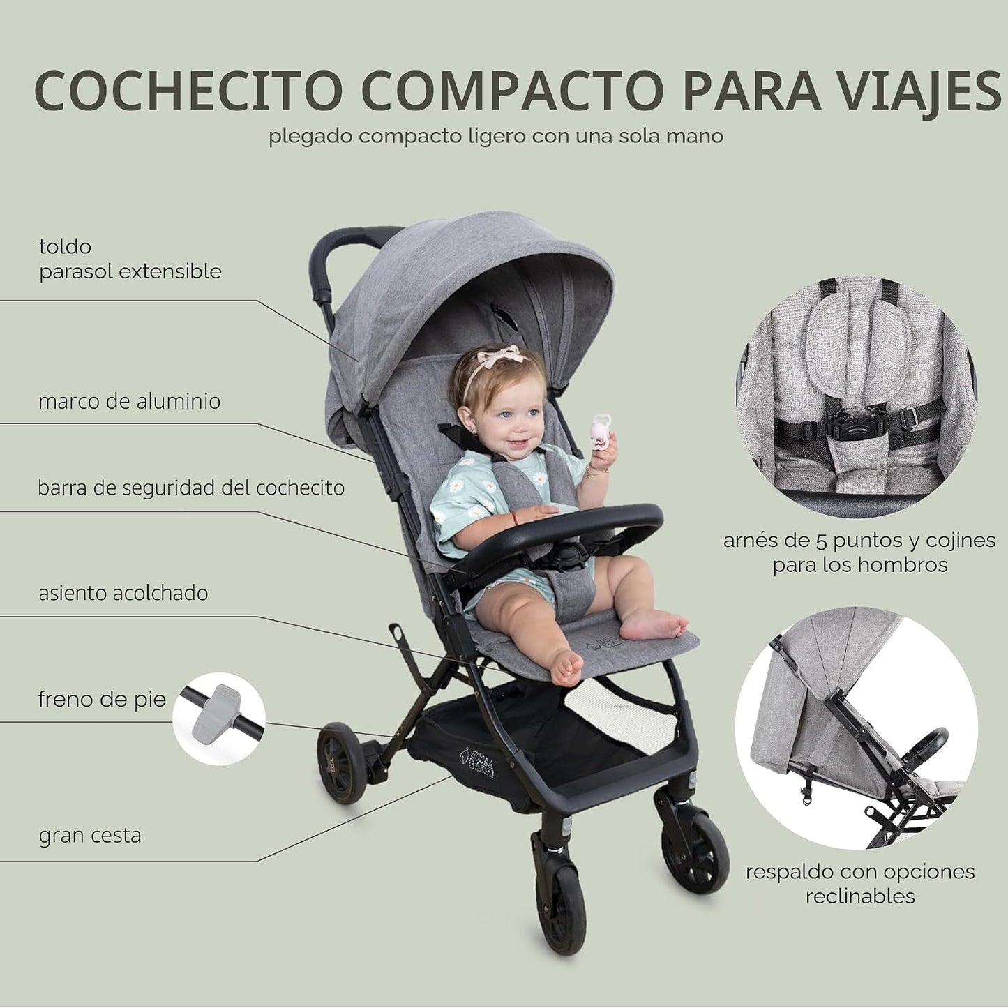 Cochecito de viaje ligero para bebés y niños pequeños, cochecito fá...