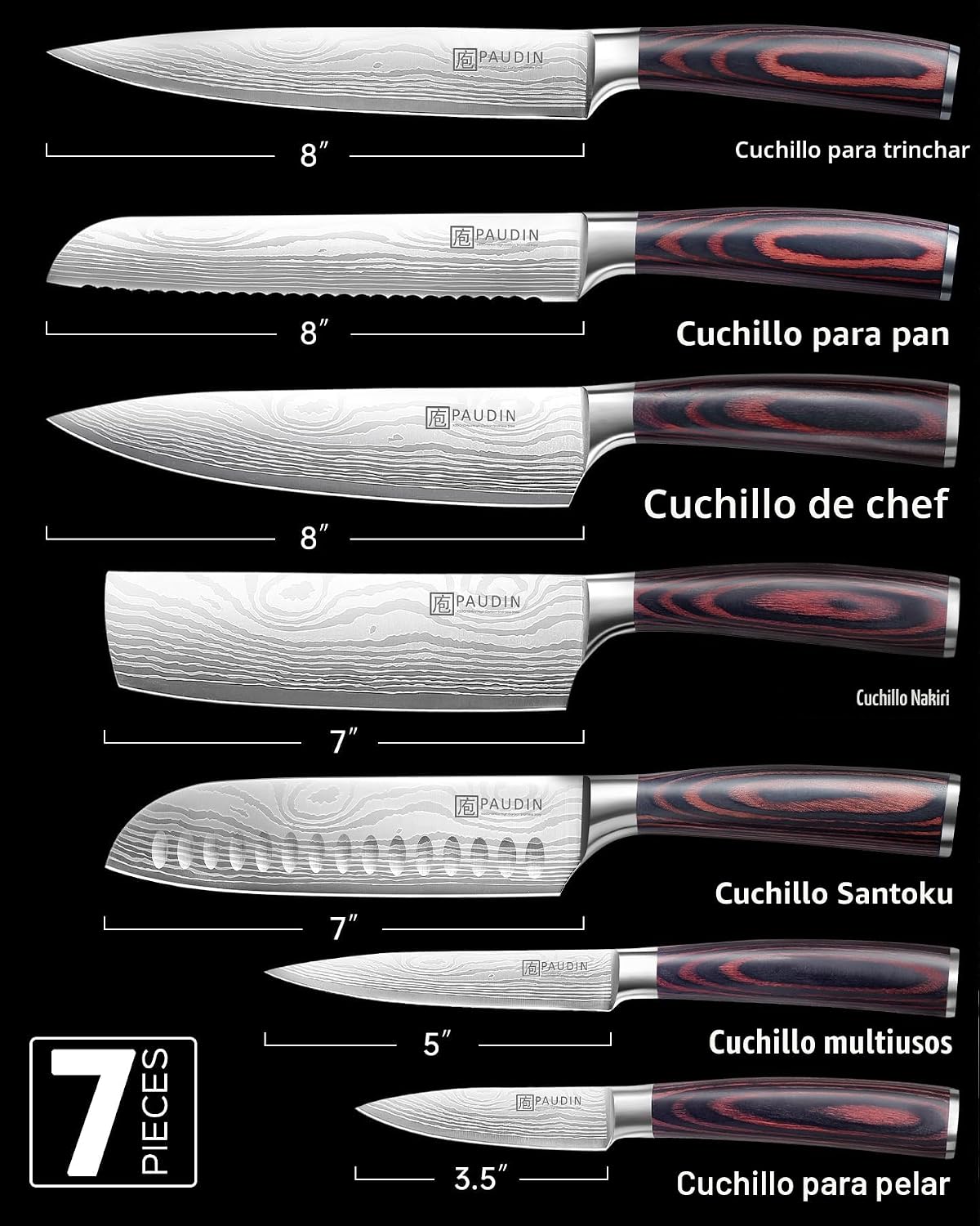 PAUDIN - Juego de cuchillos de chef, 7 piezas de juego de cuchillos...