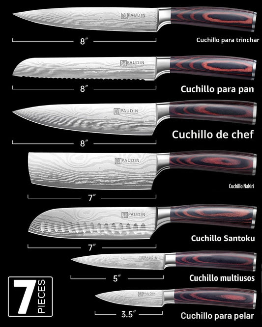 PAUDIN - Juego de cuchillos de chef, 7 piezas de juego de cuchillos...