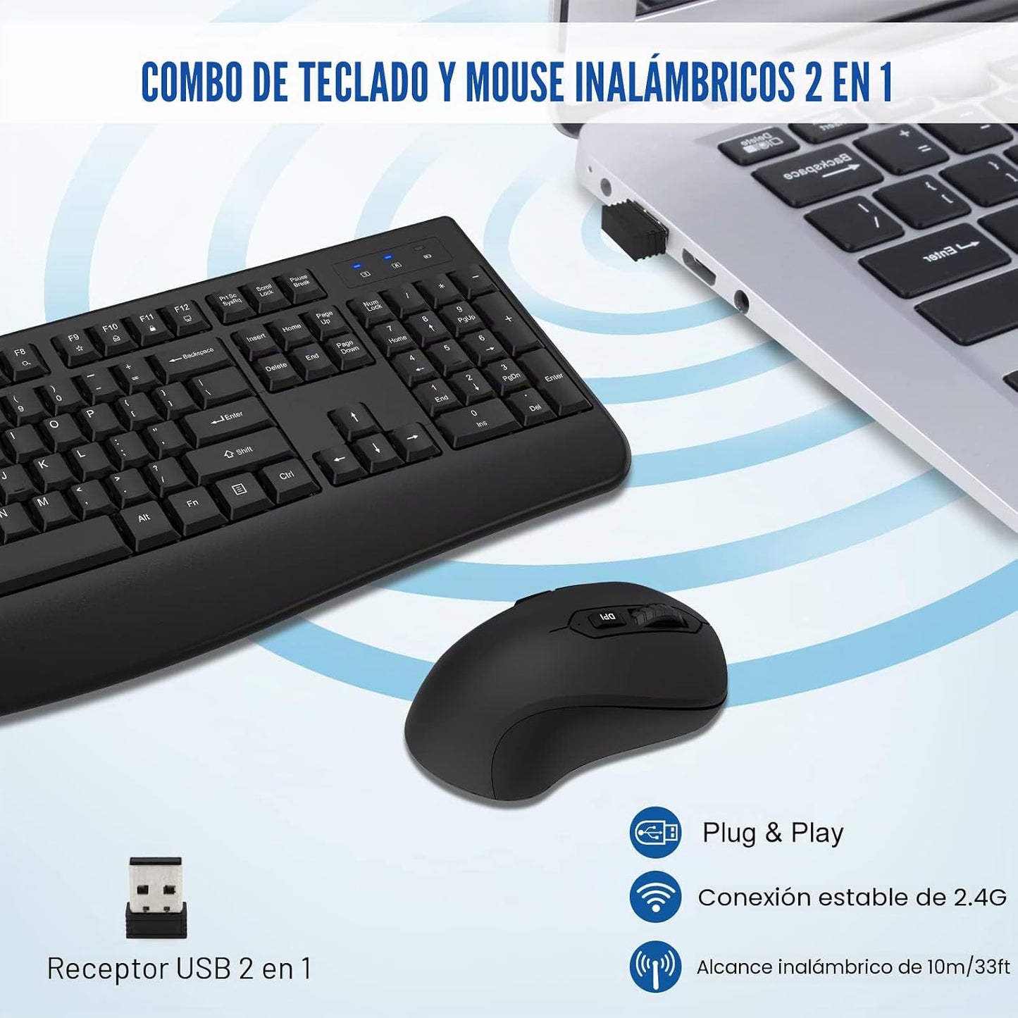 Combo de teclado y mouse inalámbricos de tamaño completo 2.4GHz con...