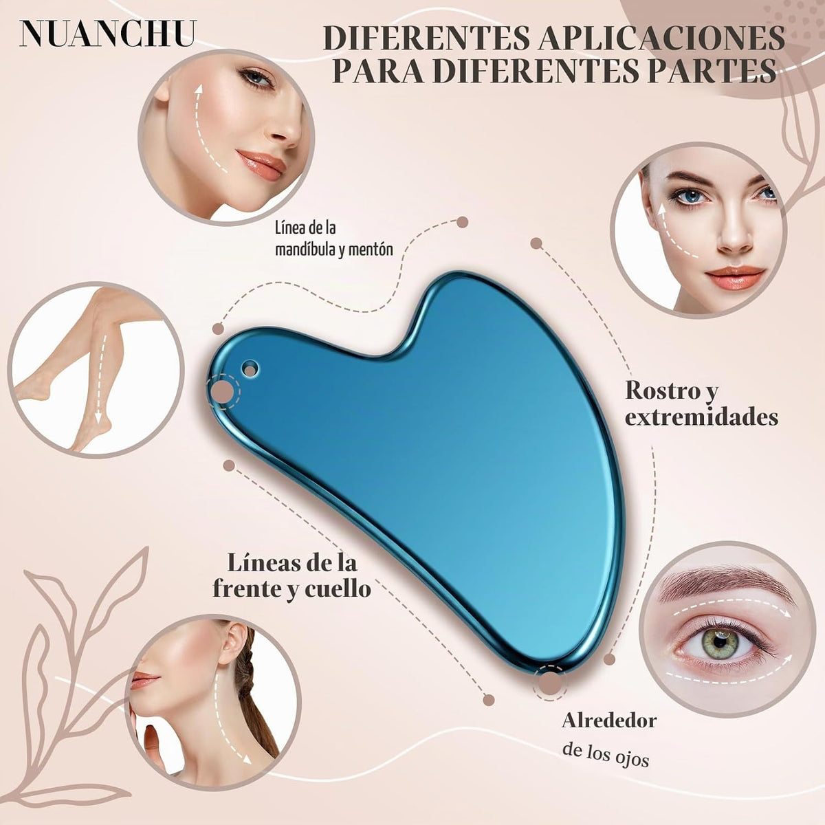 Nuanchu 304 Gua Sha - Herramienta facial de acero inoxidable, azul,...