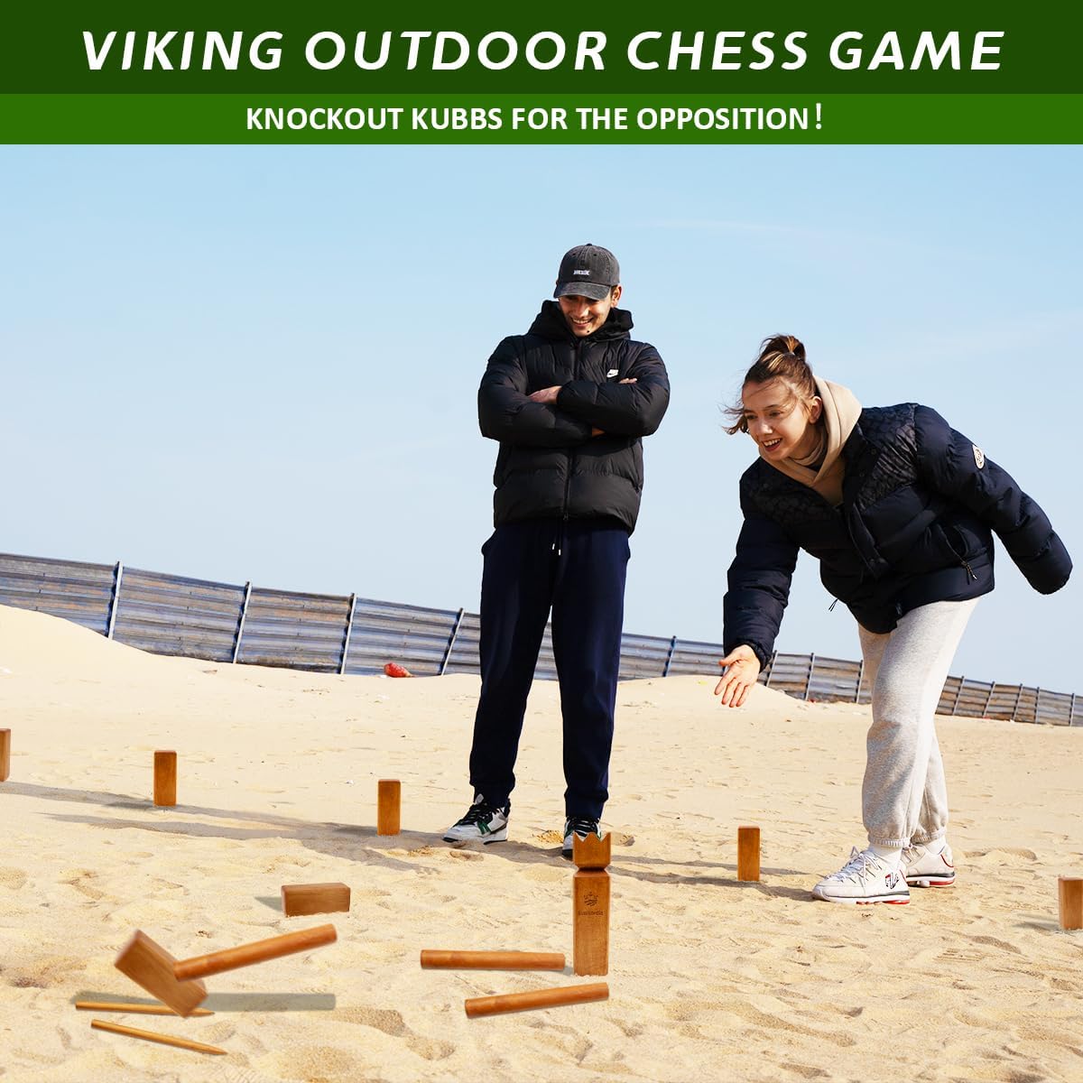 SunNordic Juego de jardín Kubb de madera de caucho con bolsa de tra...