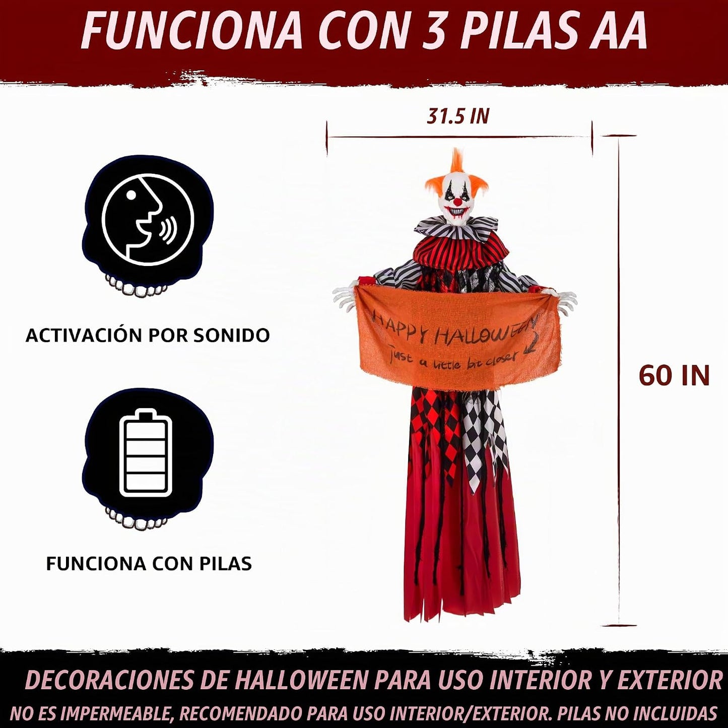 Animatronics - Payaso colgante de Halloween de 5 pies, decoraciones...