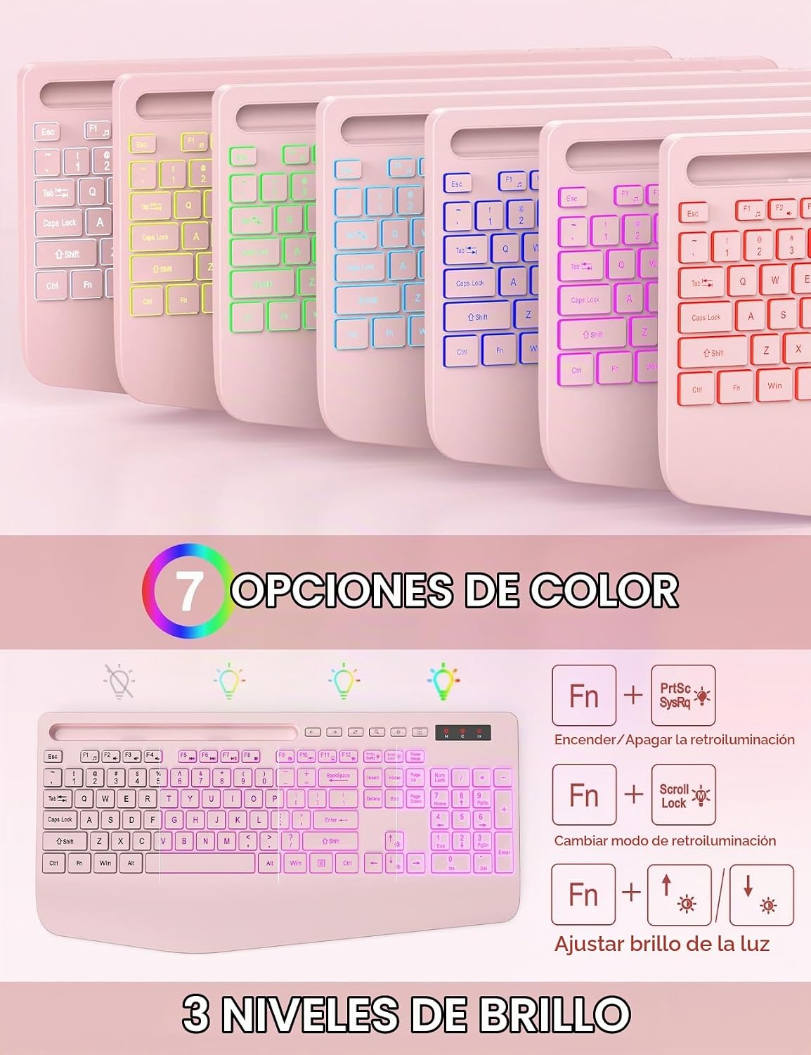 Combo de teclado y mouse inalámbricos, 9 efectos retroiluminados, r...