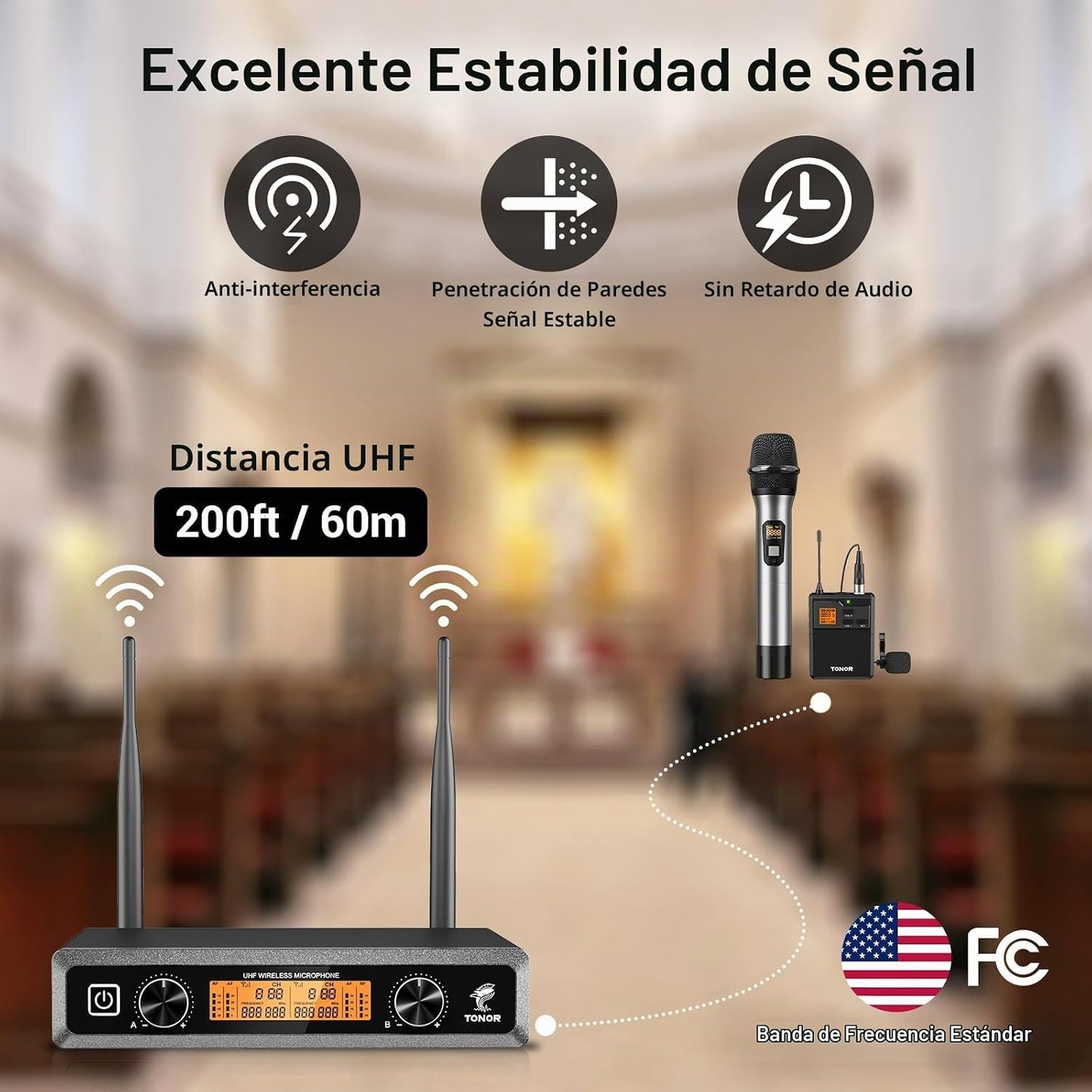 TONOR Sistema de Micrófonos Inalámbricos con Auriculares UHF de Met...