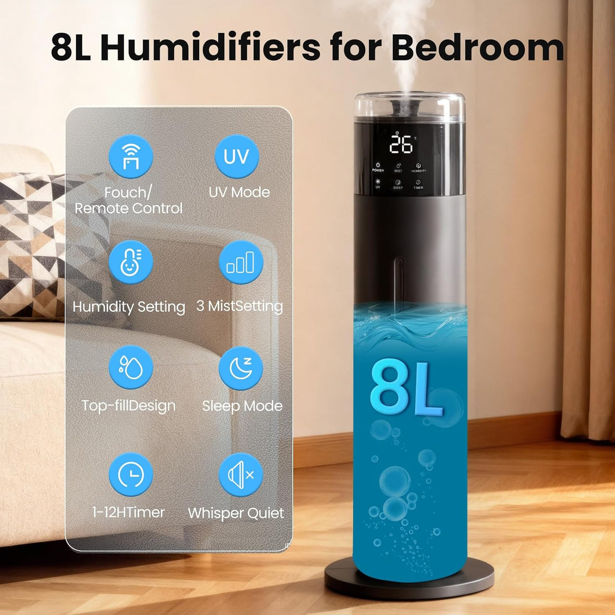 Humidificador grande para dormitorio, 8L\/2.1 galones de niebla frí...