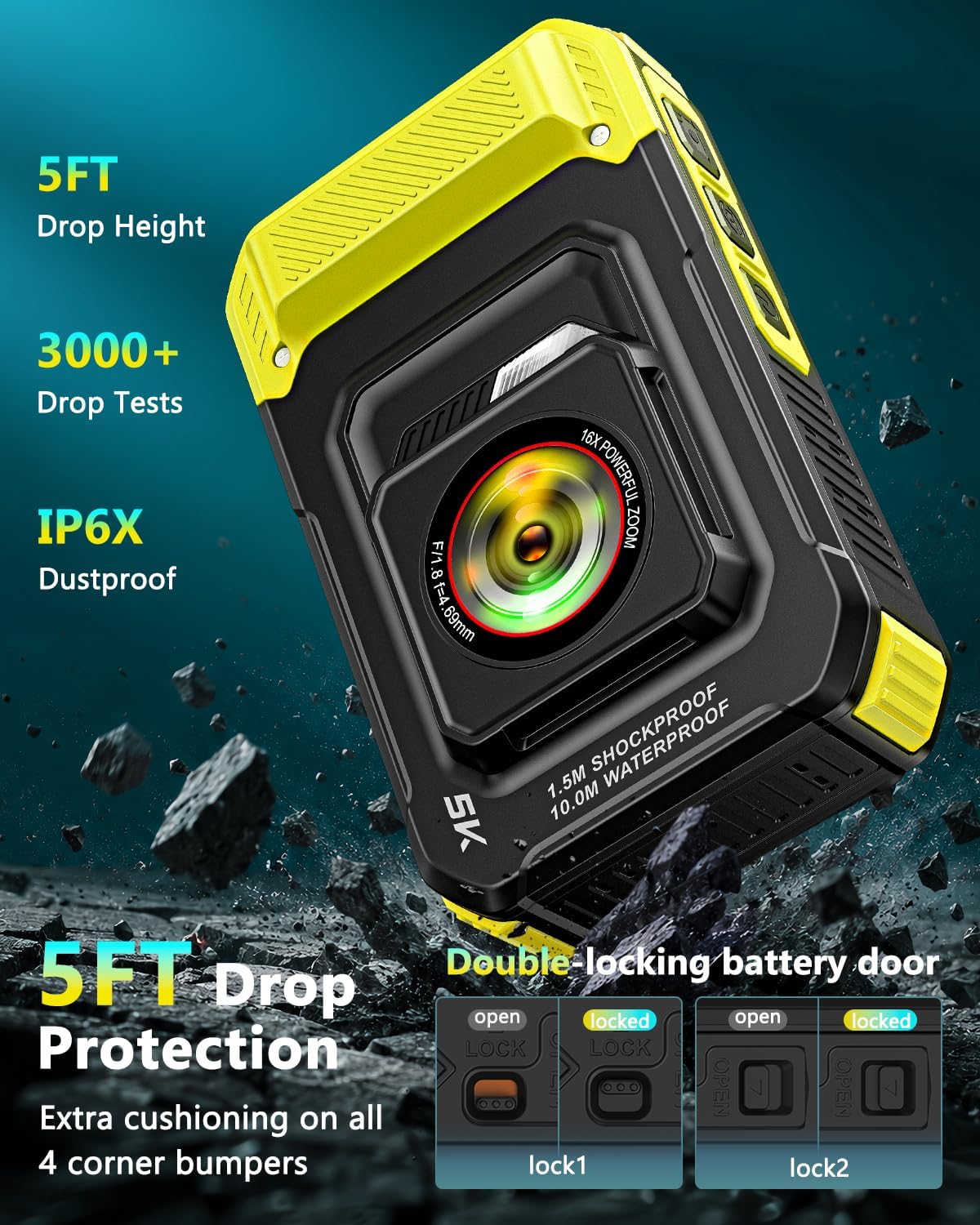 Cámara subacuática 5K 33FT Cámara digital impermeable con enfoque a...