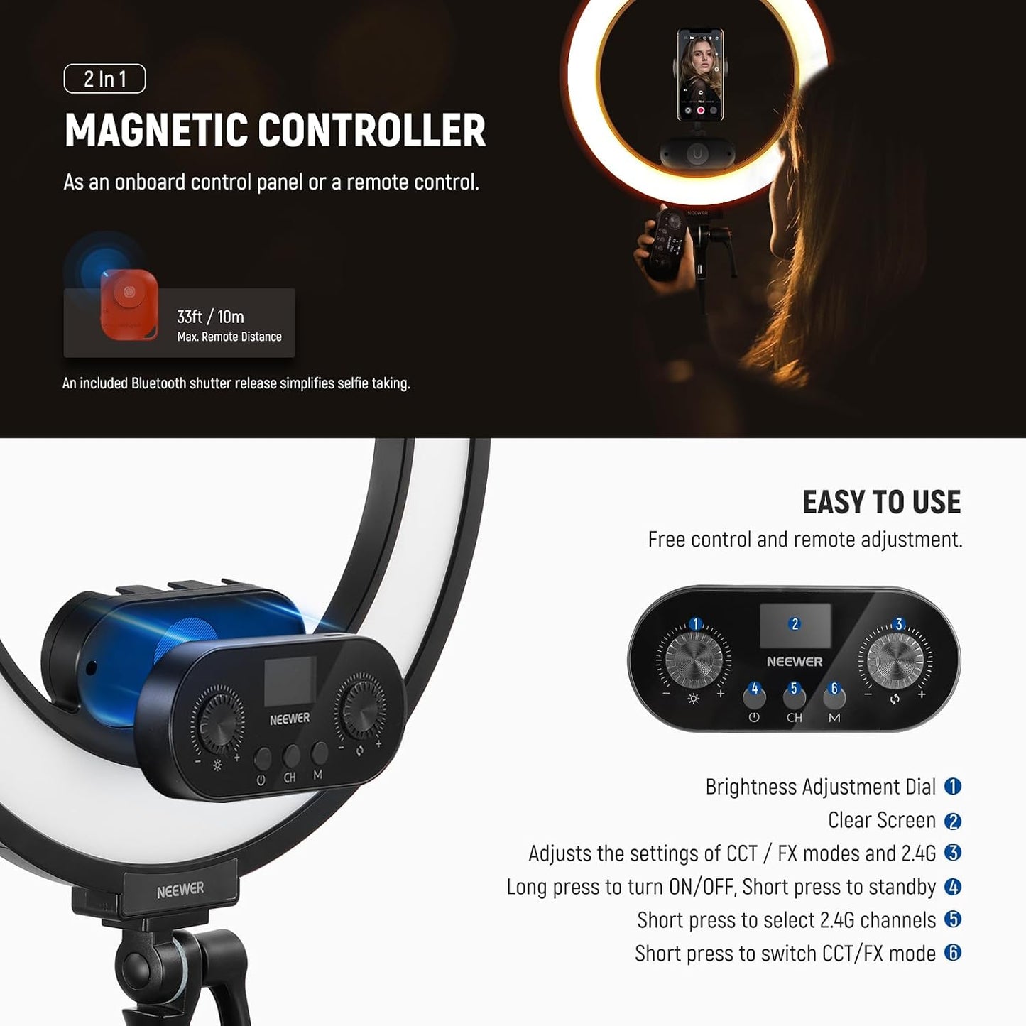 NEEWER Anillo de luz de 18 pulgadas con borde iluminado con soporte...