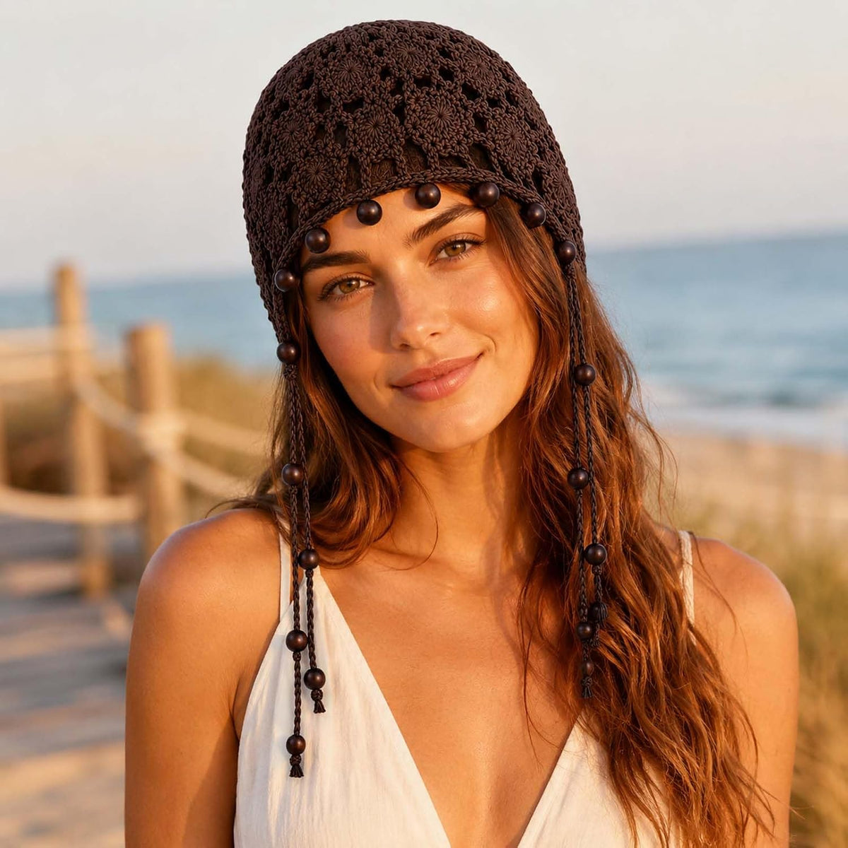 Gorros de ganchillo para mujer, boho, gorro de encaje con cuentas d...
