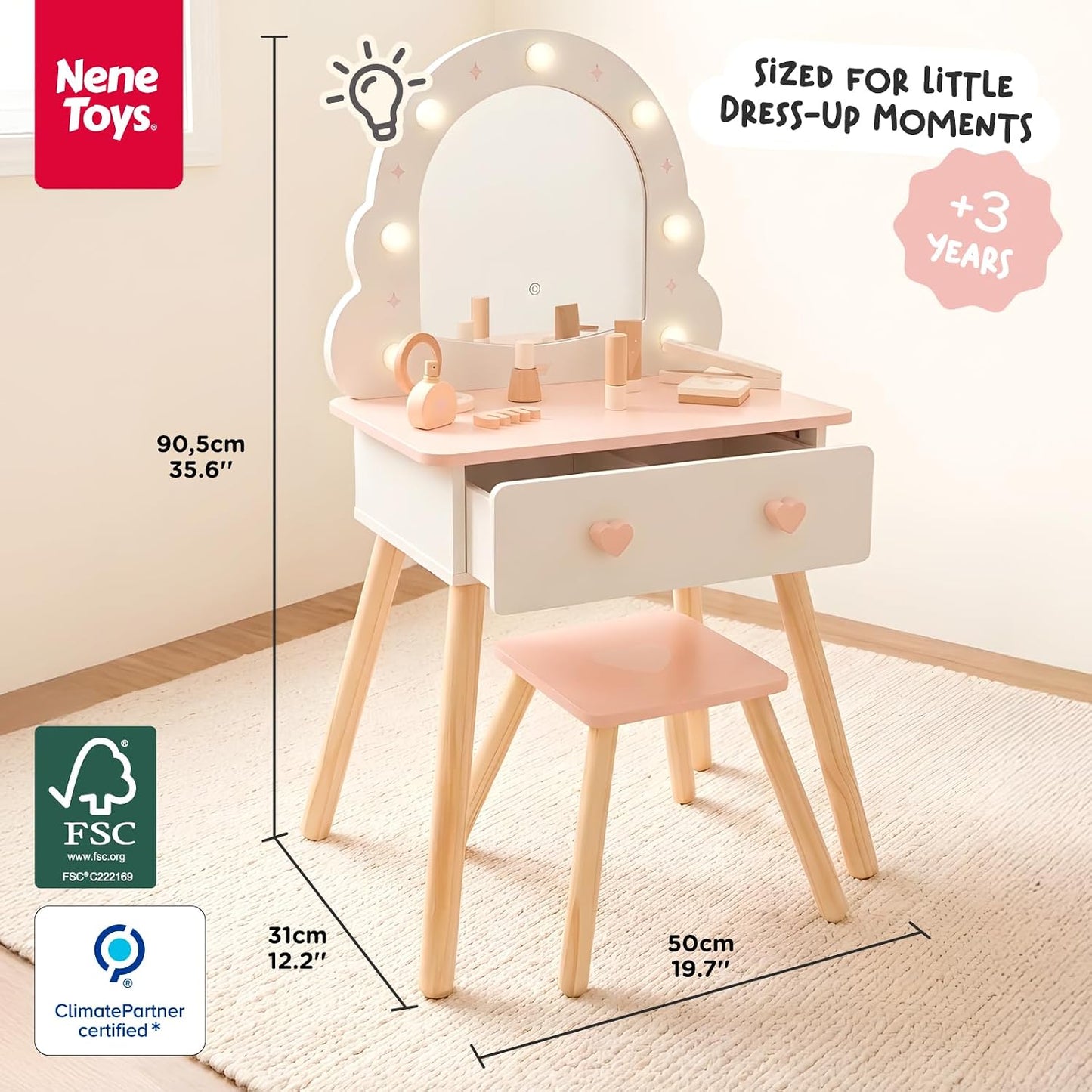 Nene Toys Juego de mesa y taburete para niños con espejo iluminado,...
