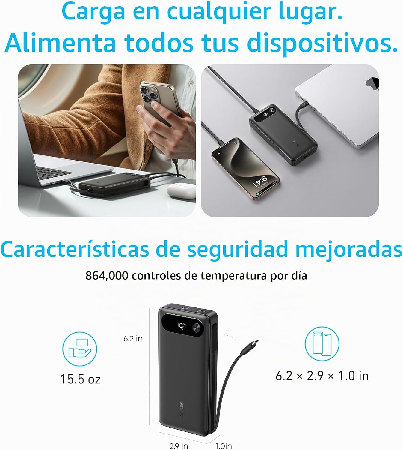 Anker Power Bank, cargador portátil esencial de viaje de 20,000 mAh...