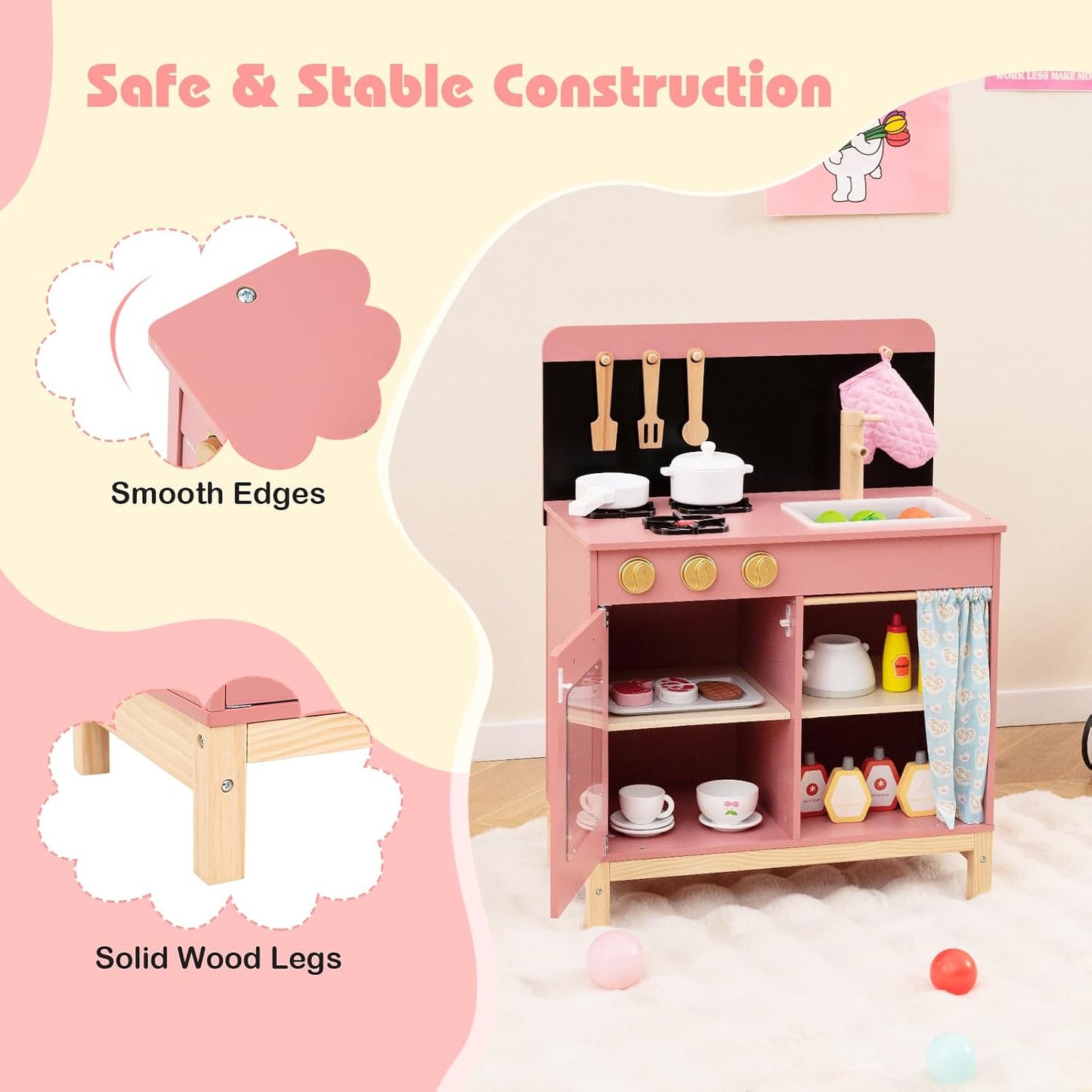 HONEY JOY Juego de cocina rosa para niños, cocina de madera para ni...