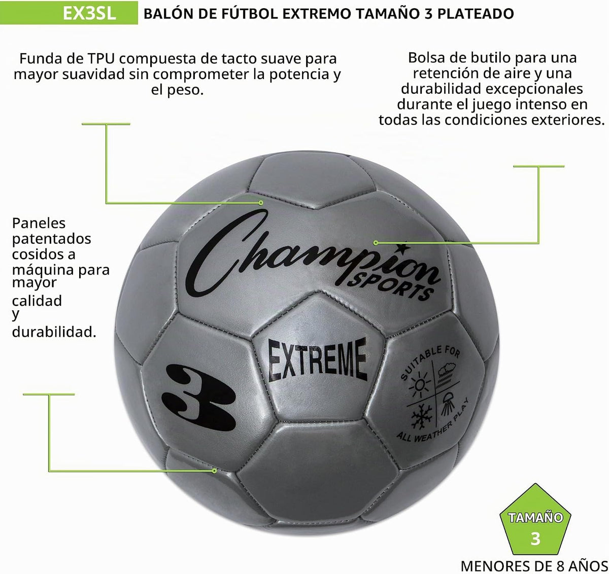 Champion Sports Extreme Series - Balón de fútbol \u2013 Tamaños 3,...