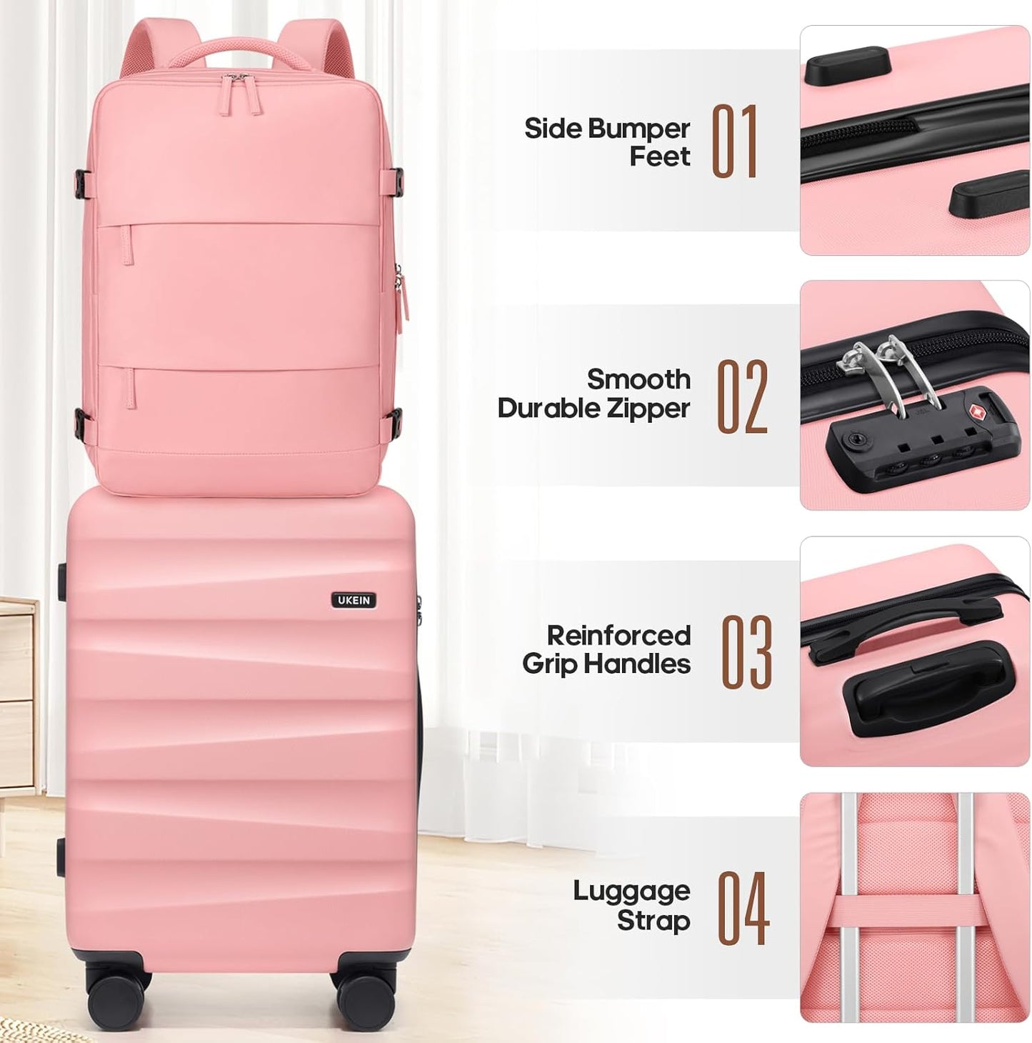 UKEIN - Juego de equipaje con mochila, equipaje de mano rígido apro...