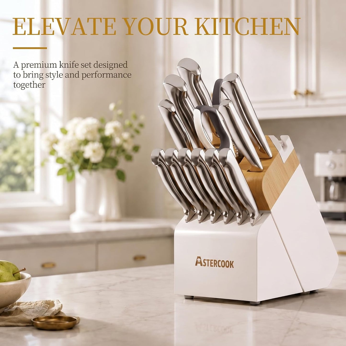 Astercook Juego de cuchillos para cocina con afilador de bloques, 1...