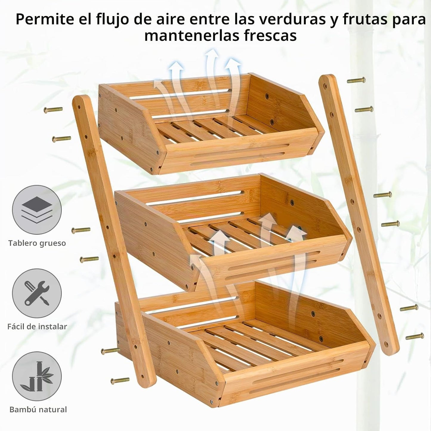 VIKEYHOME Cesta de Frutas, Cesta de Bambú de 3 Niveles para Cocina,...