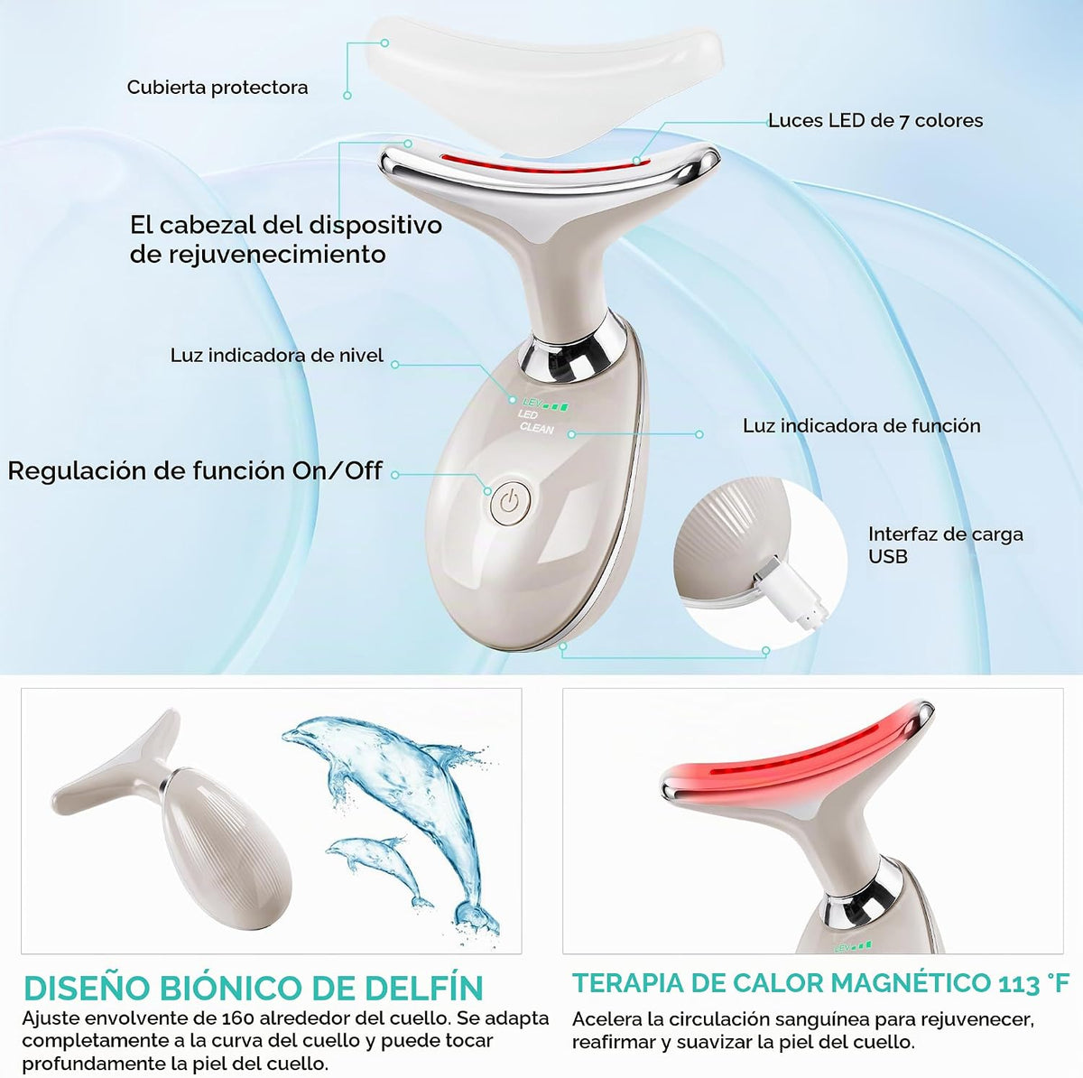 Masajeador facial con luz roja-terapia para cara y cuello, varita d...