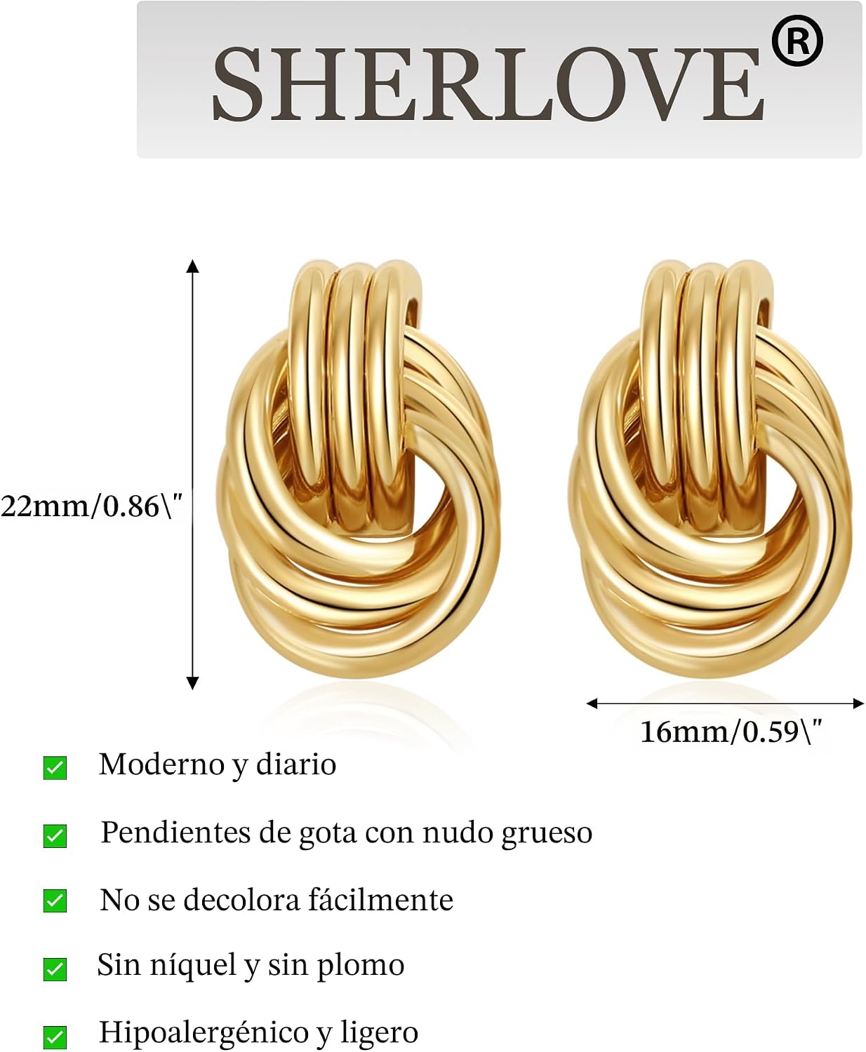 SHERLOVE Pendientes de nudo chapados en oro de moda para mujer, are...