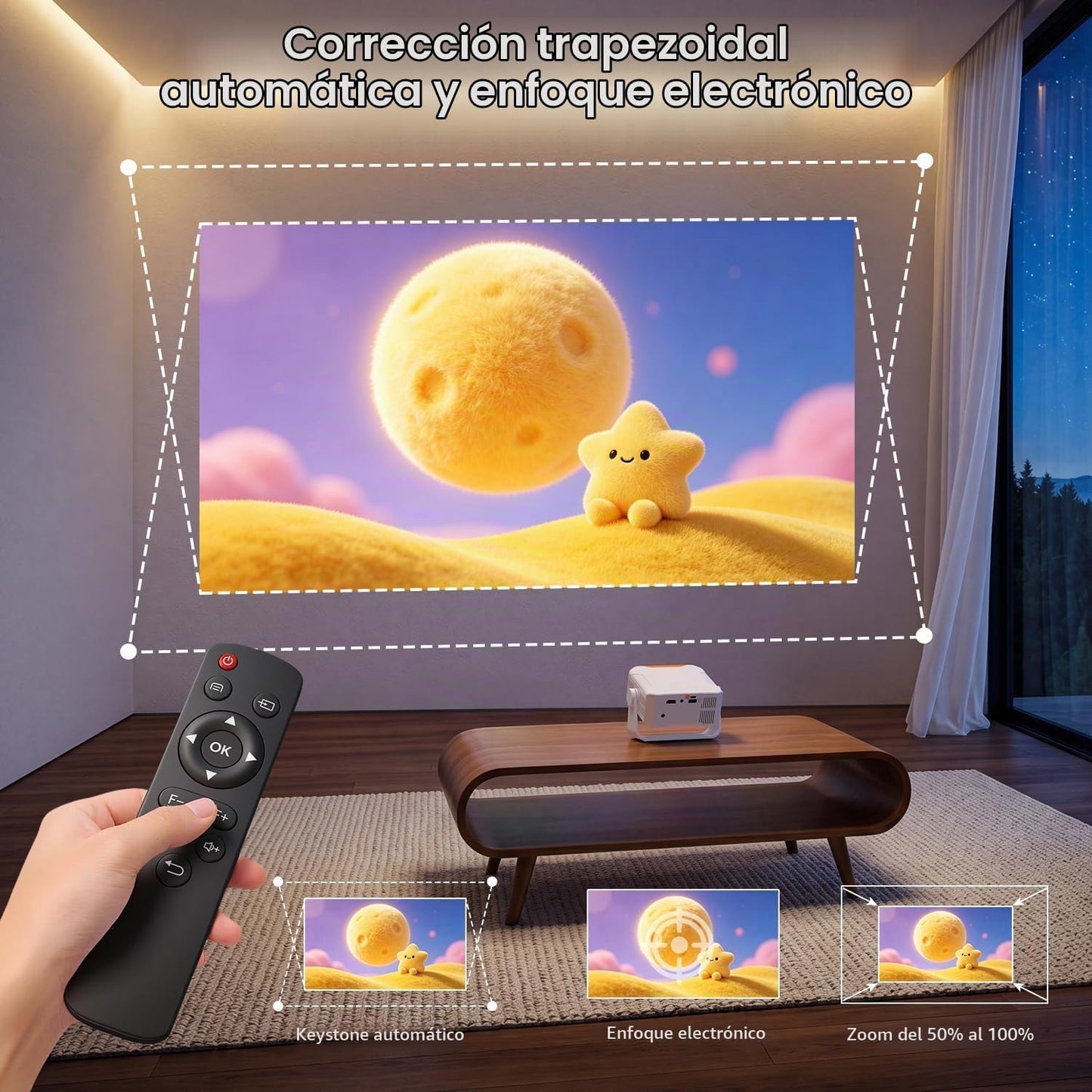 Mini proyector portátil giratorio con enfoque electrónico y Auto Ky...