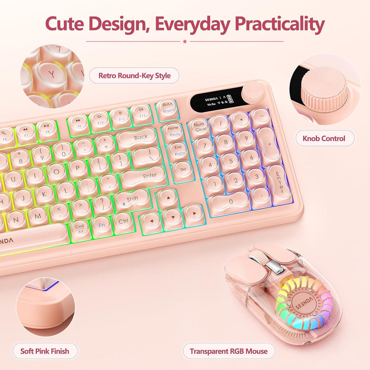 Seenda Combo de teclado y mouse Bluetooth, retroiluminación RGB, te...