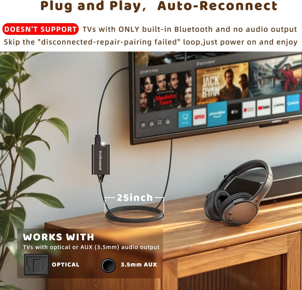 Holdsound Auriculares inalámbricos para TV con transmisor de extens...