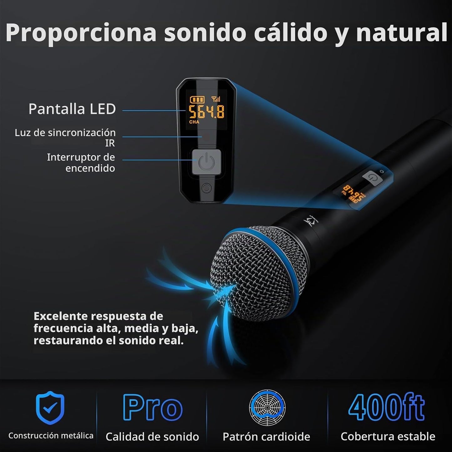 Sistema de micrófonos inalámbricos de 4 canales, kit de micrófono d...