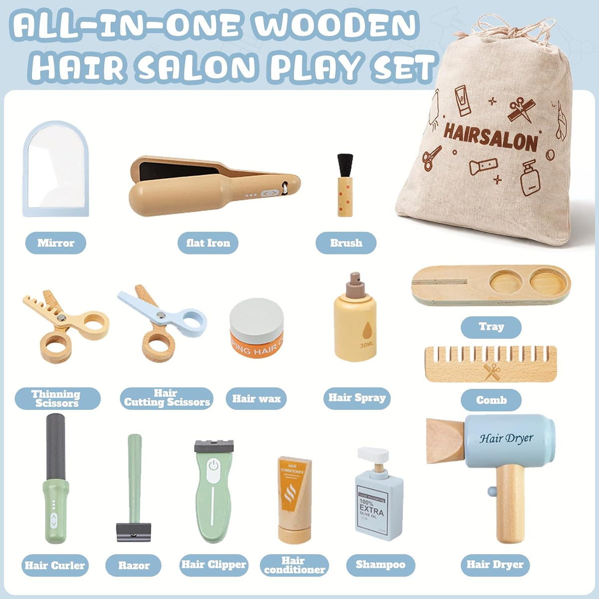 Juego de peluquería de madera para niñas de 3 a 6 años, kit de jugu...