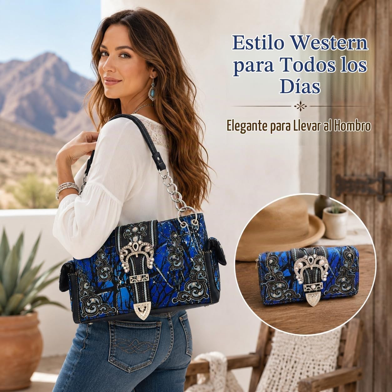Bolso estilo occidental con hebilla de corona camuflaje, brillo flo...