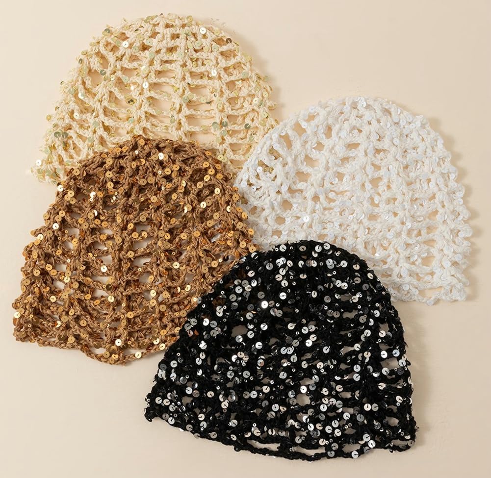 Bagkeak Gorro de malla con lentejuelas brillantes para mujer, estil...