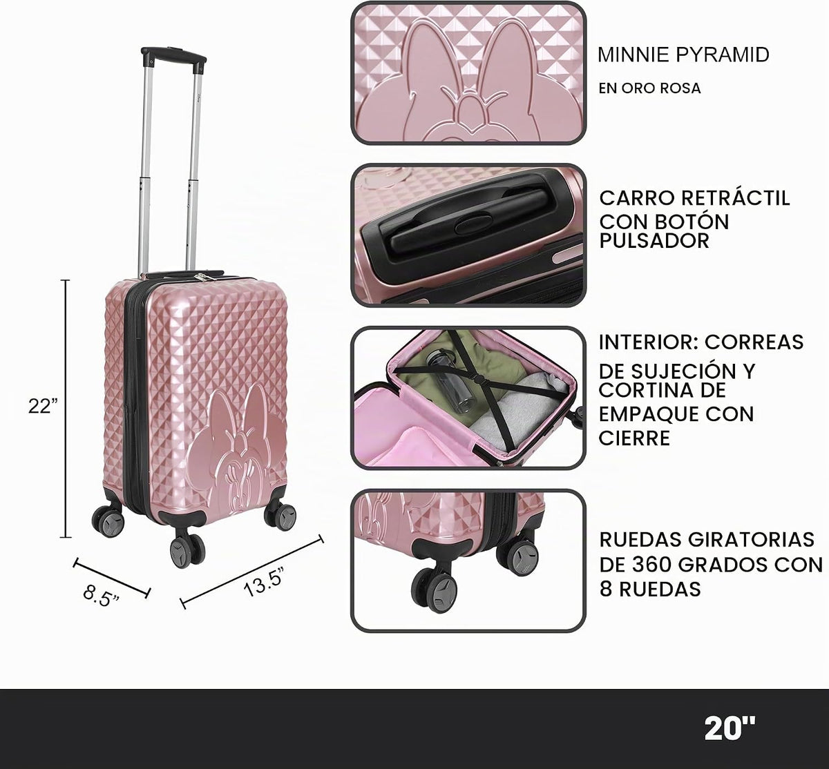 Bioworld Equipaje de mano con ruedas y asa, Oro rosa, 20 pulg.