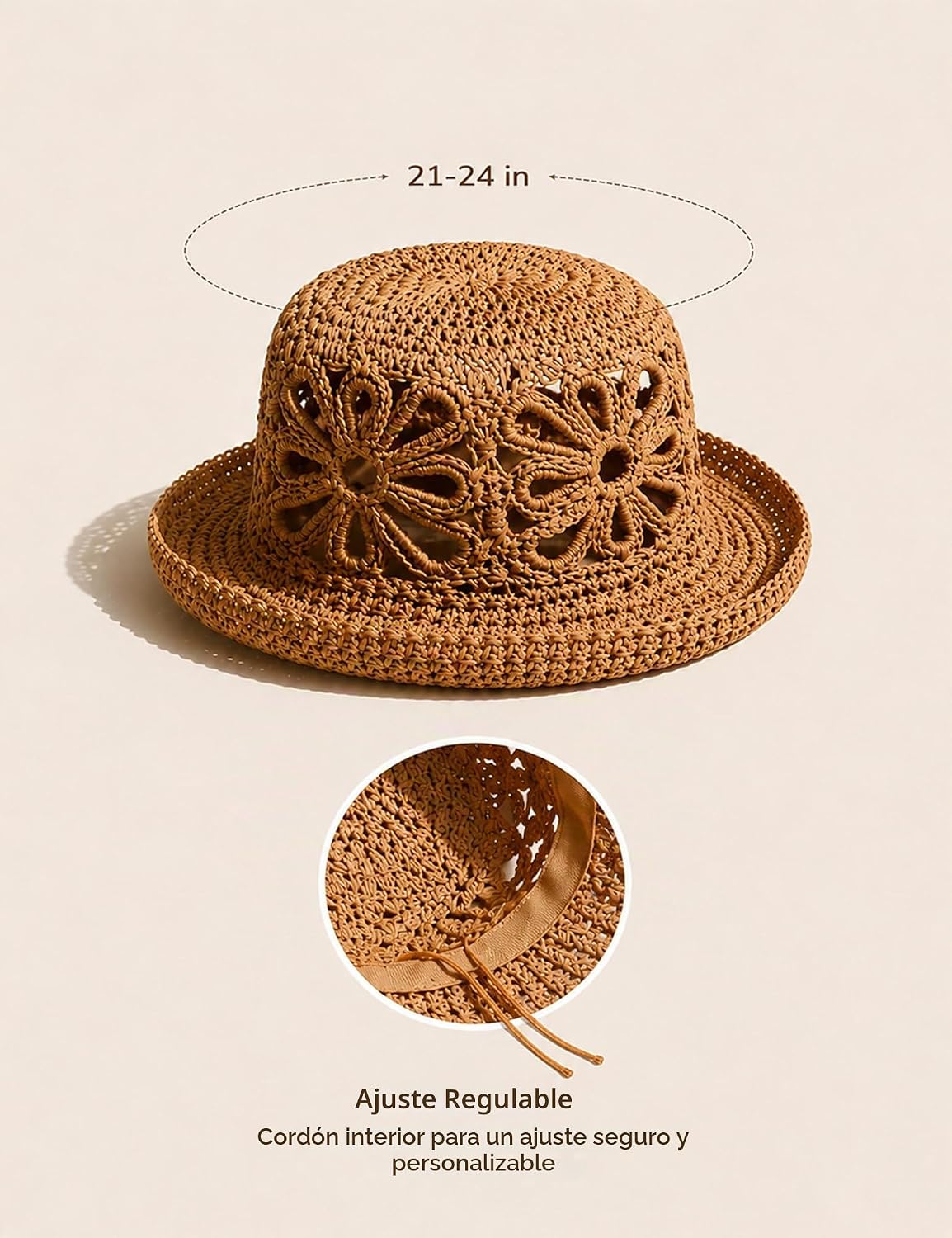 Sombrero de paja de ganchillo vintage para mujer, sombrero de pesca...