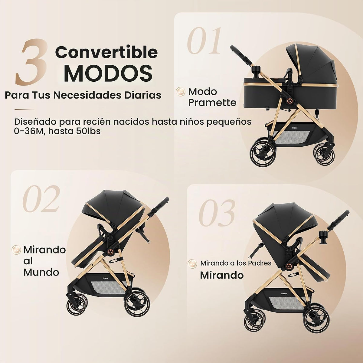 Babideal Cochecito de bebé para recién nacido y niño, plegado con u...