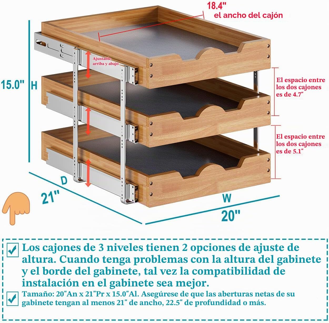 OCG Cajón Extraíble para Gabinete de 20" de Ancho x 21" de...