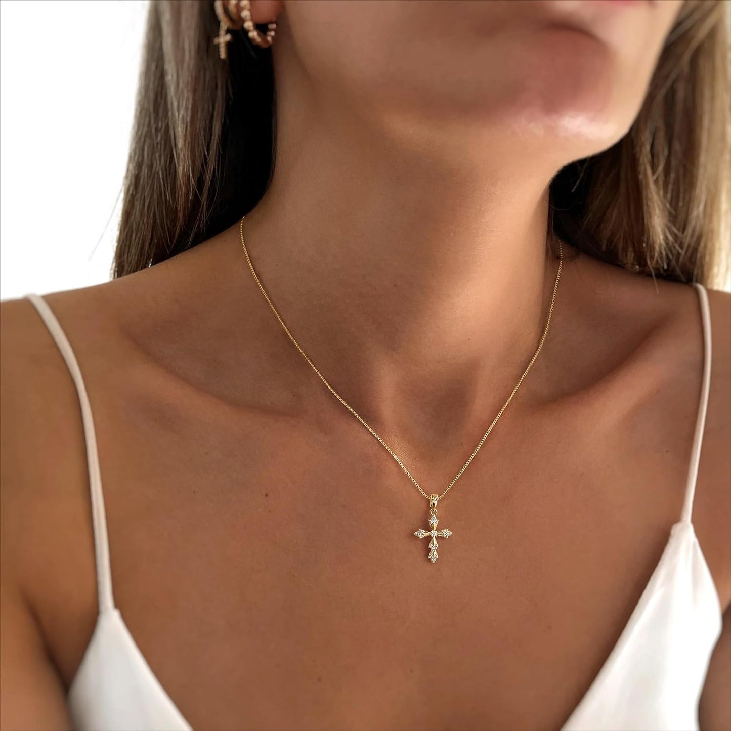 Collar de cruz para mujer, collar de doble cruz chapada en oro de 1...