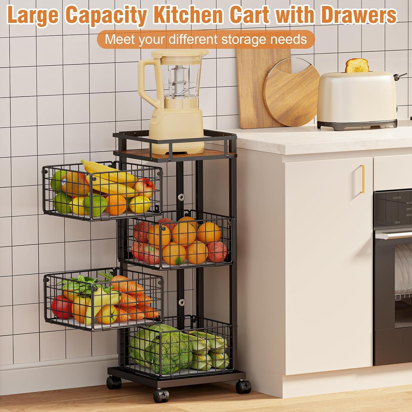 Carrito de almacenamiento de cocina de 4 niveles, carrito de almace...