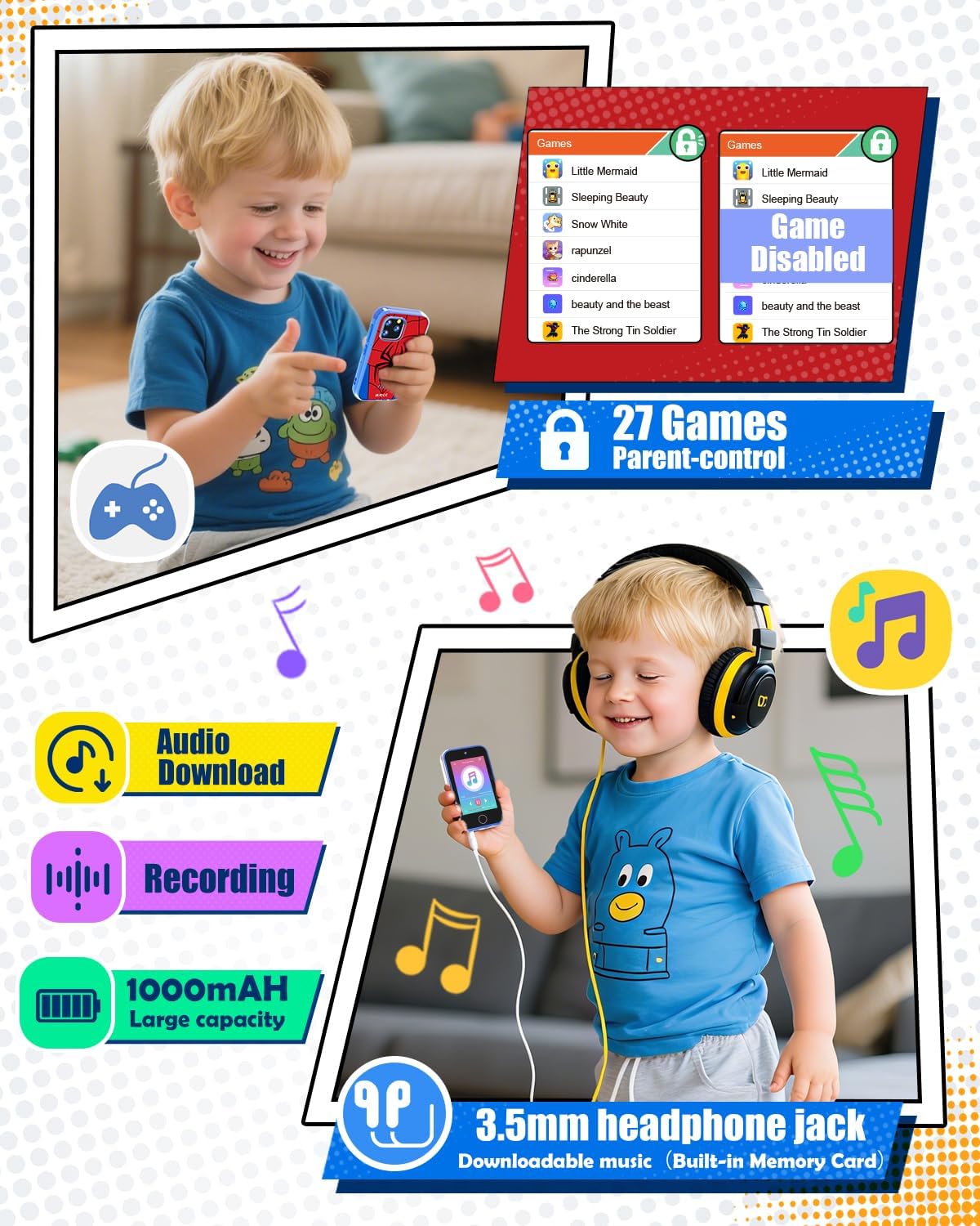 Byserten Teléfono para niños con pantalla táctil de 3.5 pulgadas co...